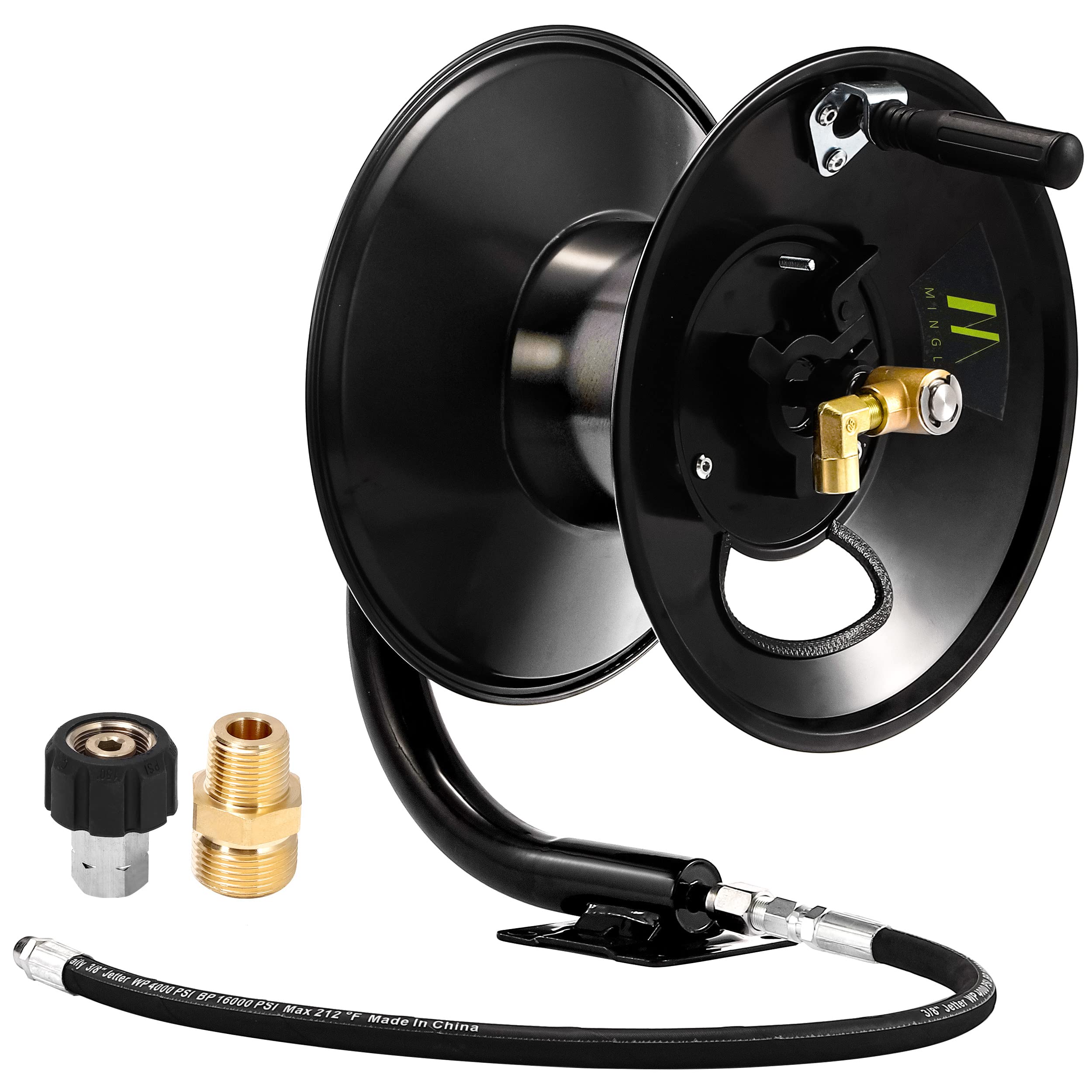 **M MINGLE 100ft Heavy Duty Steel Pressure Washer Hose Reel with Manual Crank & Swivel Arm - 3/8