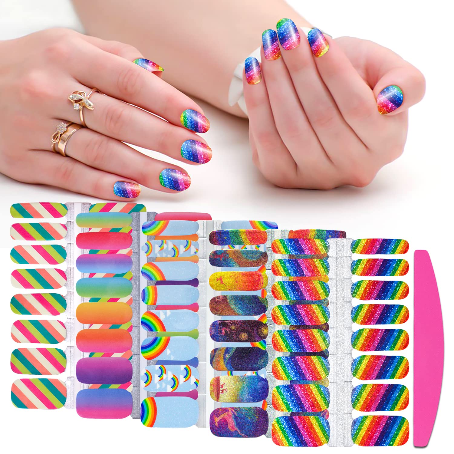 Rainbow Nail Wraps for Women - 5 Sheets Self-Adhesive Gel Nail Polish Strips | Manicure Design Stickers with Free Nail File | Perfect for Parties, Weddings & Everyday Nail Art