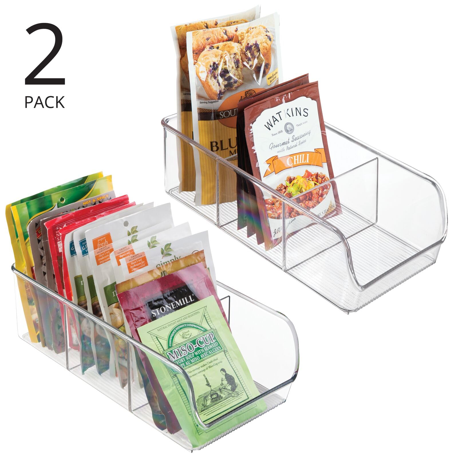 mDesign Clear Plastic 3-Compartment Food Storage Bin Organizer - Kitchen Cabinet, Pantry, Shelf, Drawer, Fridge & Freezer Organization - Perfect for Snack Bars, Cereal & Dry Goods - Ligne Collection 2-Pack - Ideal for Meal Prep & Space Saving Storage