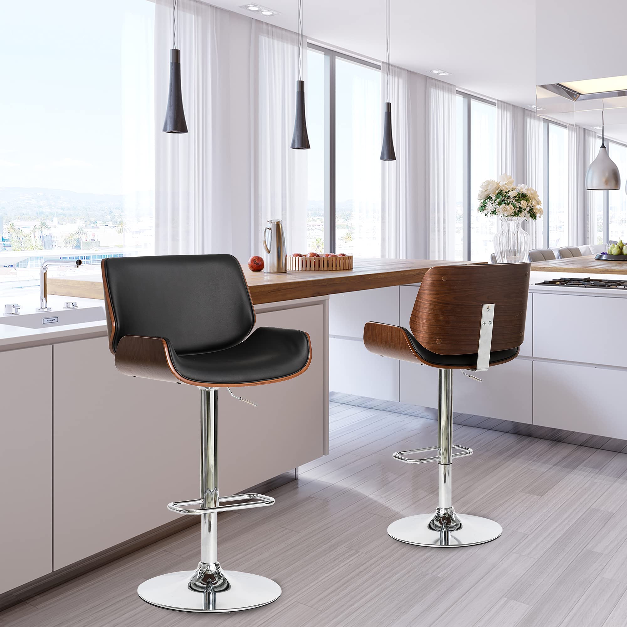 Glitzhome Adjustable Bar Stool Set of 2 - Swivel Mid-Century Modern PU Leather Counter Height Dining Chairs with Back Support, Black Walnut Bentwood Design - Perfect for Kitchen Islands, Breakfast Bars & Home Bars