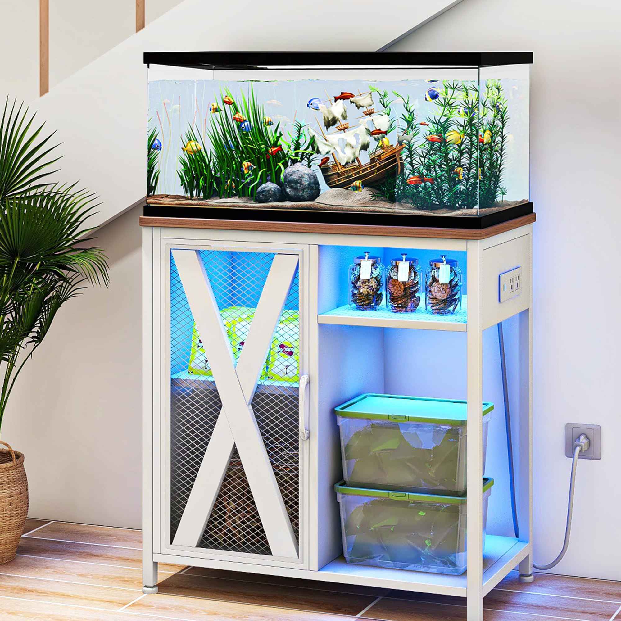 DWVO 20-29 Gallon Aquarium Stand with Power Outlets & LED Light - Heavy Duty Metal Fish Tank Cabinet for Storage, Turtle Tank, Reptile Terrarium - 350LBS Capacity, White - Perfect for Home, Office, or Pet Store Display