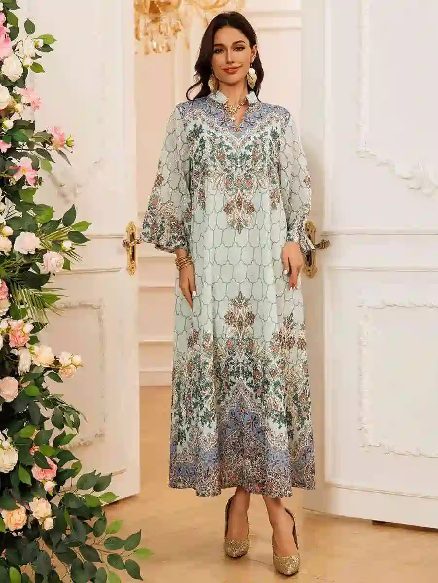 Elegant Eid Dress for Women - Embroidered Caftan Kaftan Dress with Floral Print #25436 - Perfect for Eid Celebrations, Weddings & Special Occasions