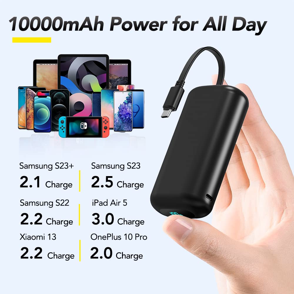 Portable USB C Power Bank 10000mAh with Built-in Cable - 20W PD Fast Charging Battery Pack for iPhone 15/15 Plus/15 Pro, Samsung Galaxy S23/S22/S21/S20, LG, Moto, Google Pixel - Compact & Lightweight for Travel, Camping, and Everyday Use (Black)