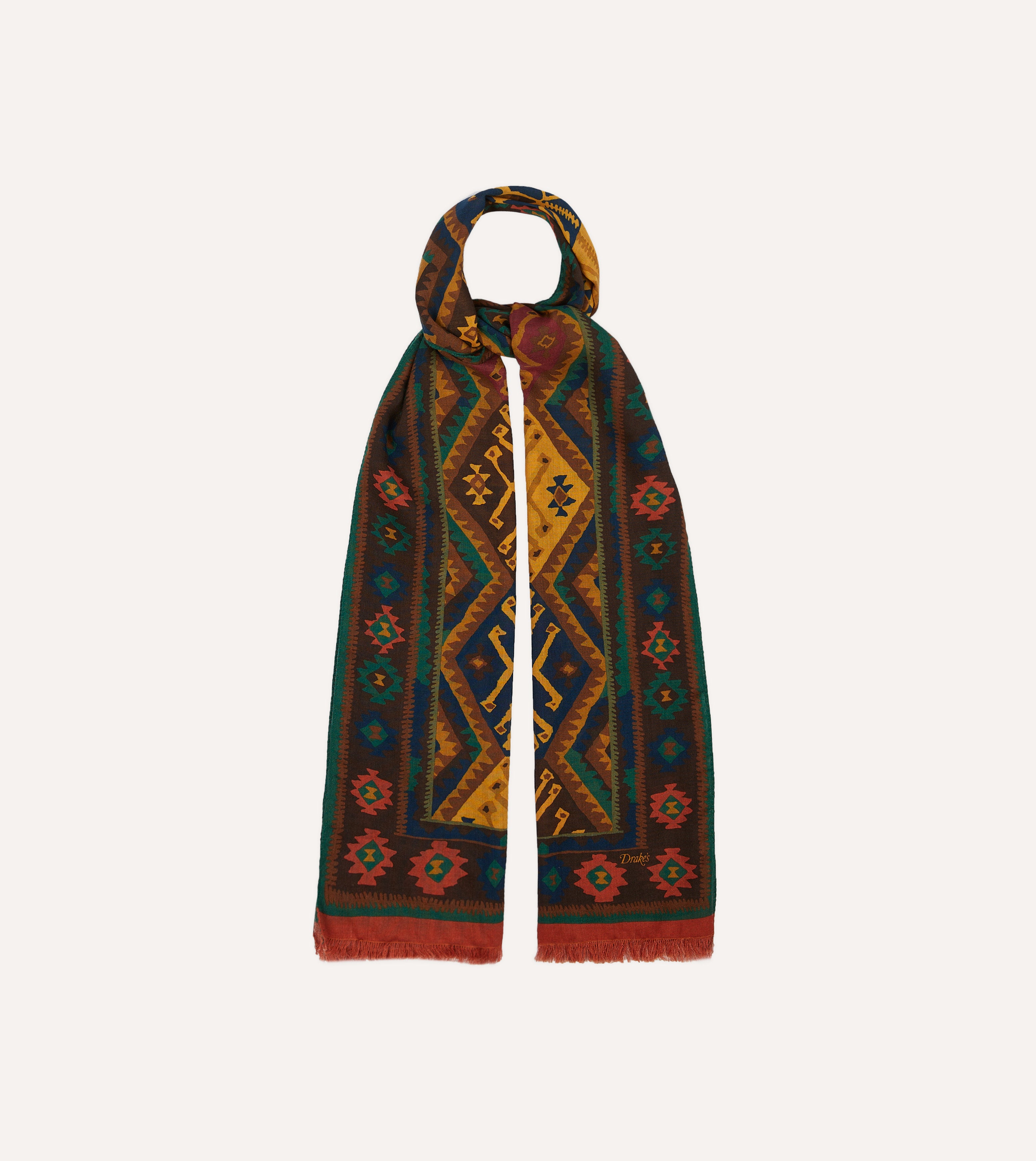 Brown Kilim Print Wool Silk Scarf - Handmade Bohemian Wrap Shawl for Women - Perfect for Fall Fashion, Travel Accessory & Gift Giving