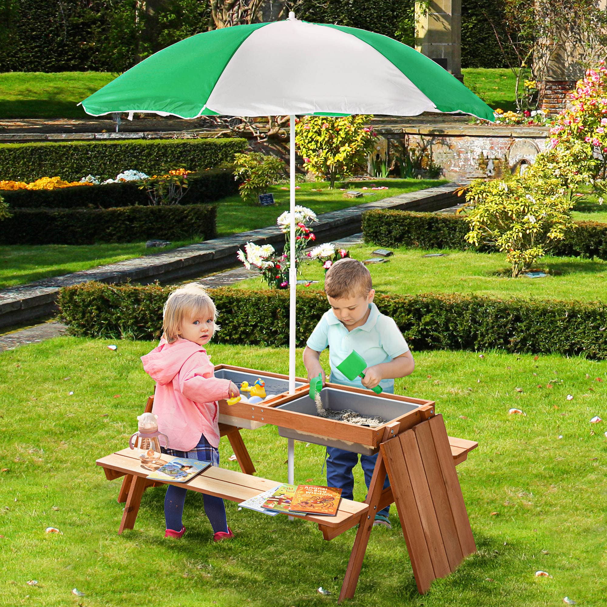 Outsunny Kids Picnic Table with Umbrella & Storage - Sand & Water Play Table - Wooden Outdoor Bench for Garden, Patio, Balcony - Perfect for Backyard Playdates & Summer Activities