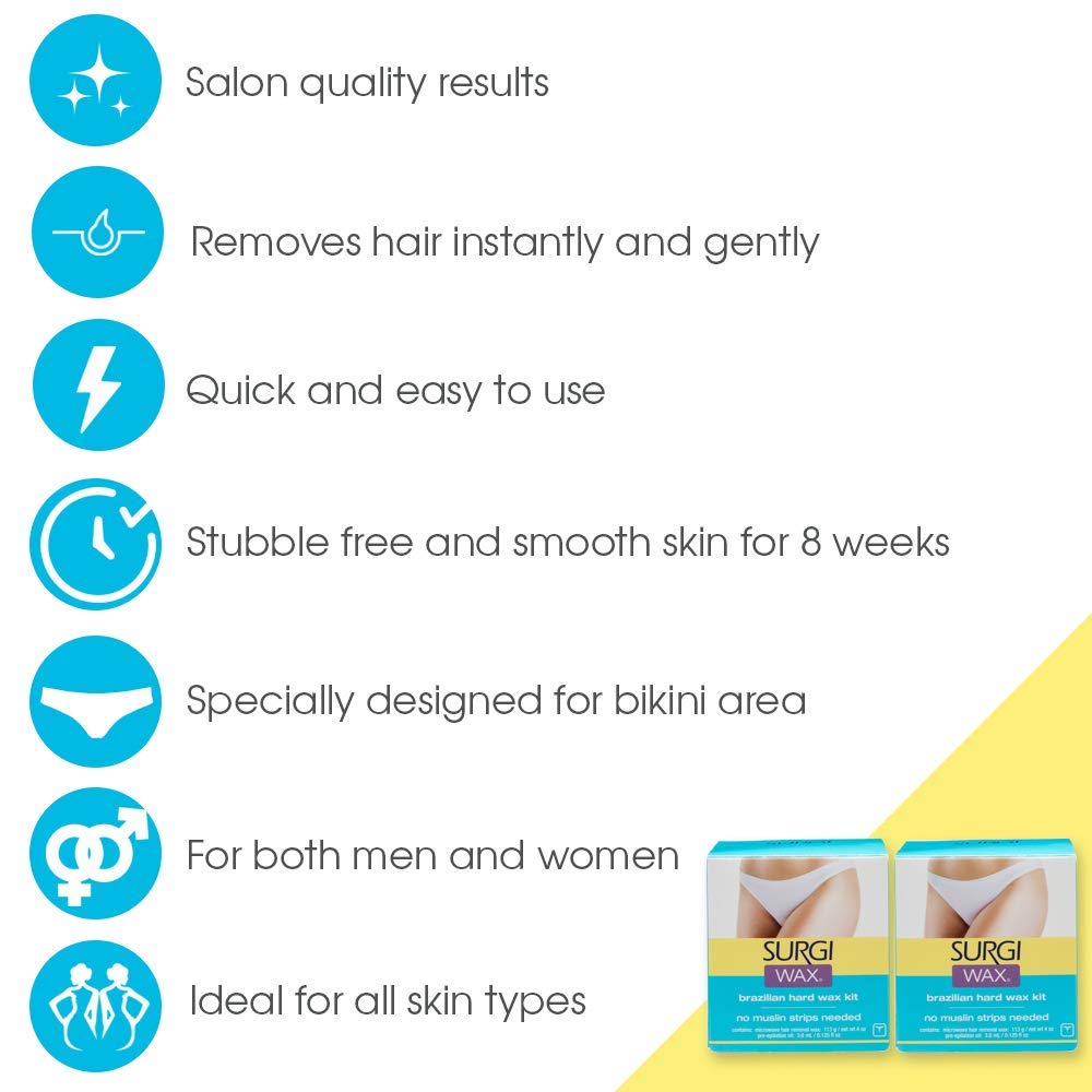 SURGI WAX Brazilian Hard Wax Kit 4oz - Professional Hair Removal Waxing Kit with Pre-Epilation Oil (82563) - At Home Bikini, Legs & Body Waxing for Smooth Skin