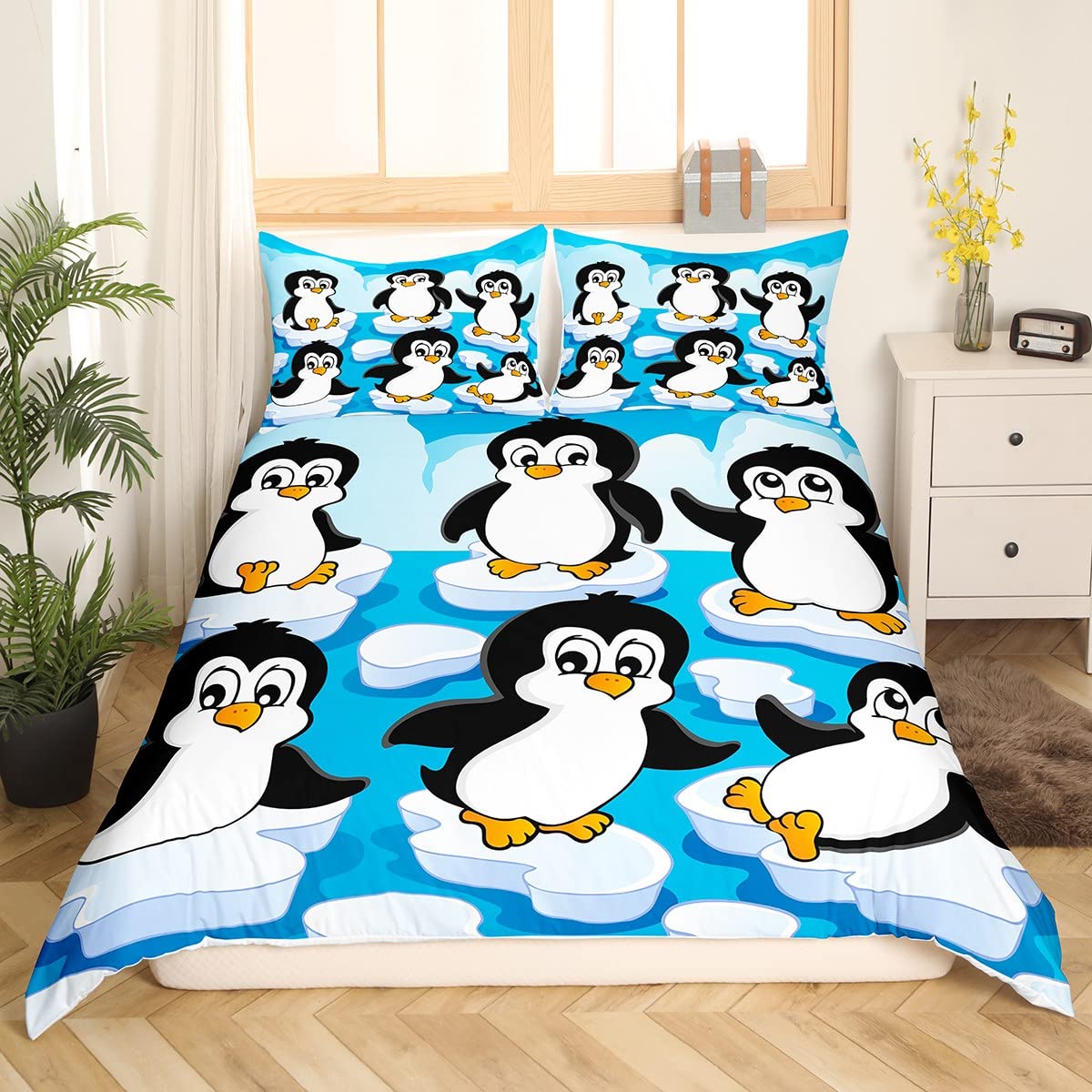 2-Piece Cartoon Penguin Duvet Cover Set - Cute Baby Penguins Playing in Water with Various Poses - Twin Size Comforter Cover for Kids, Boys, Girls & Teens - Summer Themed Children's Bath Toys Illustration Bedding - Perfect for Kids' Bedroom Decor & Themed Sleepovers