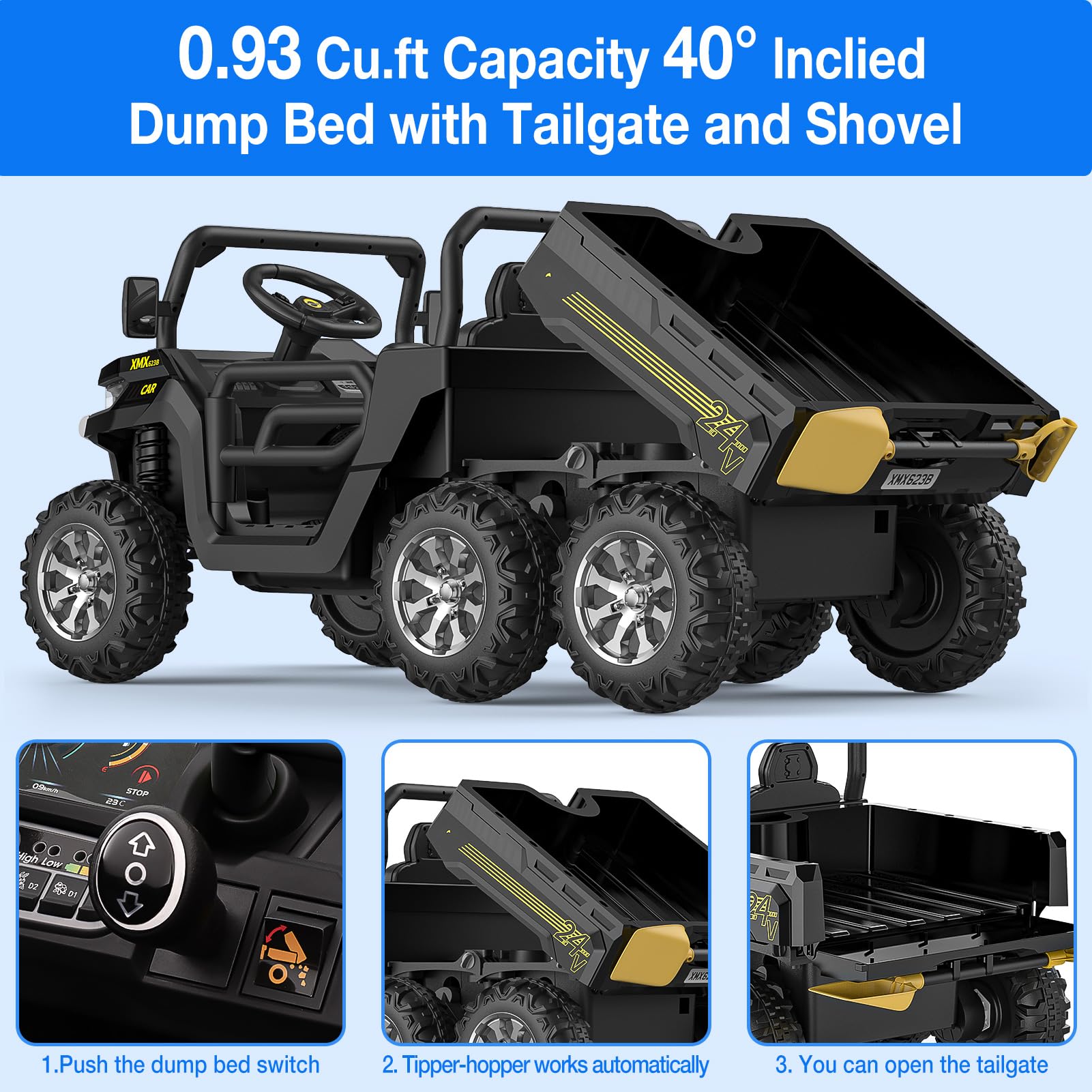 GARVEE 24V 2 Seater Kids Ride On Dump Truck - 6X6 Electric UTV with Remote Control, Battery Powered 6 Wheeler Toy Car for Boys & Girls Ages 3+ (Black) | Perfect for Outdoor Play, Backyard Adventures & Birthday Gifts