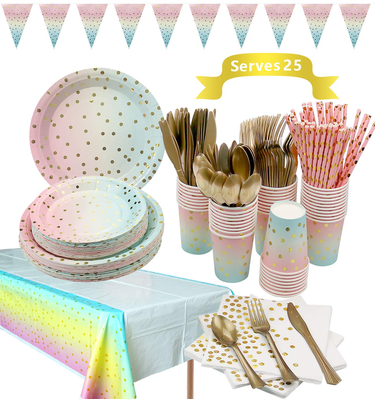 Gold Dot Disposable Party Tableware Set - 25-Piece Dinner Plates, Dessert Plates, Cups, Napkins, Cutlery & Decor for Birthday, Wedding, Baby Shower - Elegant & Convenient for Indoor/Outdoor Celebrations