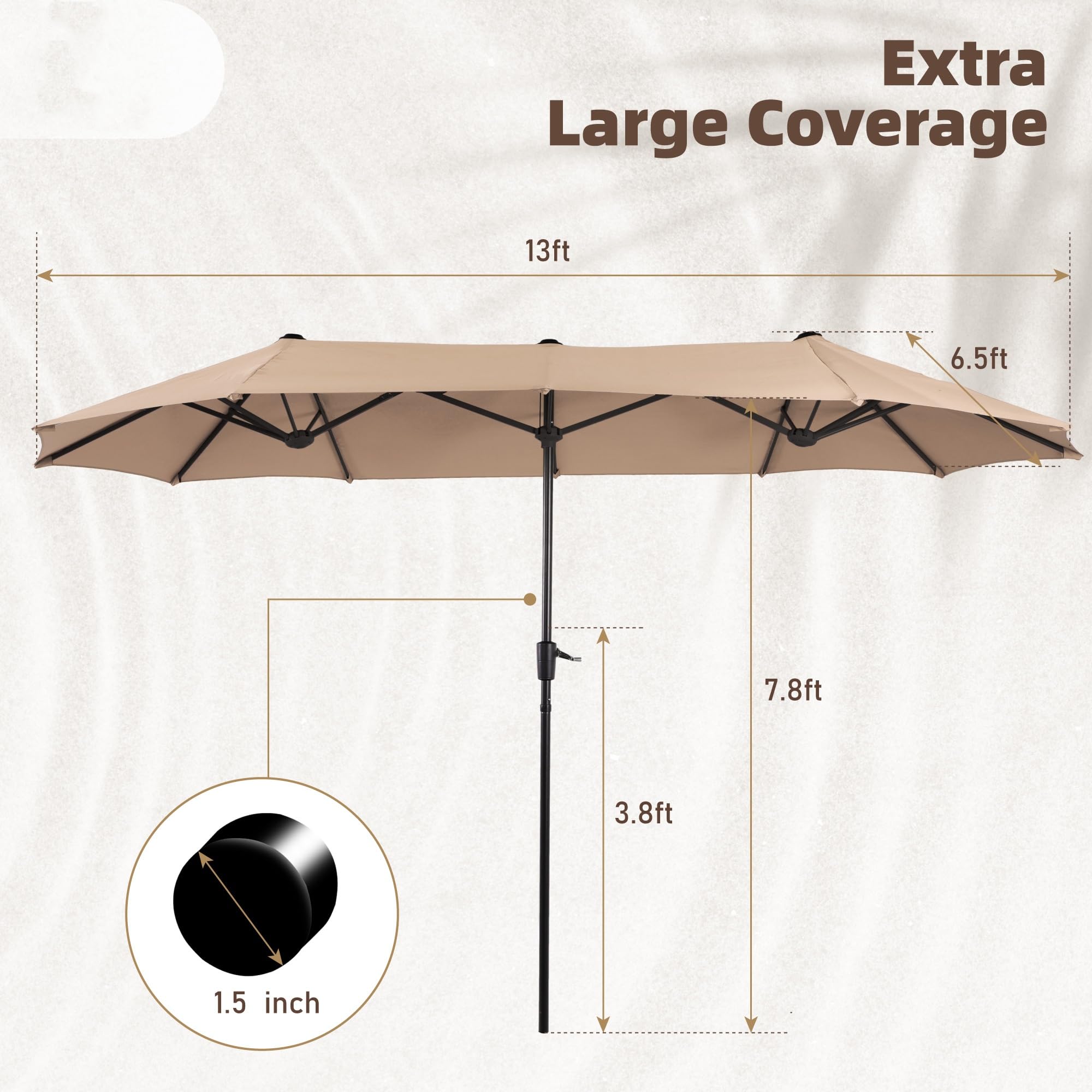 PHI VILLA 13 ft Outdoor Patio Umbrella - Large Rectangular Double-Sided Market Umbrella with Crank Handle - Perfect for Poolside, Deck, Garden, and Outdoor Dining Areas
