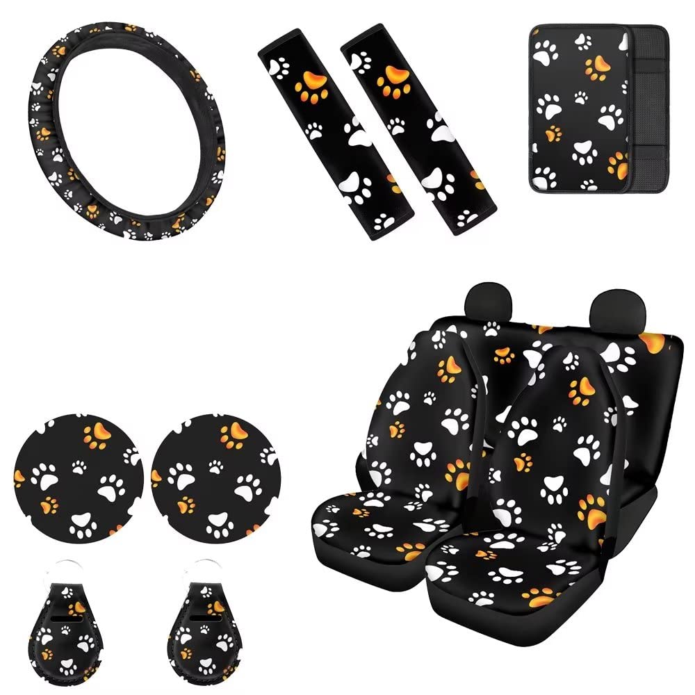 JEOCODY Universal Car Seat Cover Set - Animal Paw Print Front & Rear Bench Back Seat Protector with Steering Wheel Cover, Seat Belt Cover, Cup Holder Coasters, Keychain & Armrest Cushion | Durable Pet-Friendly Car Accessories for Dogs & Cats | Perfect for Road Trips, Daily Commute & Family Travel