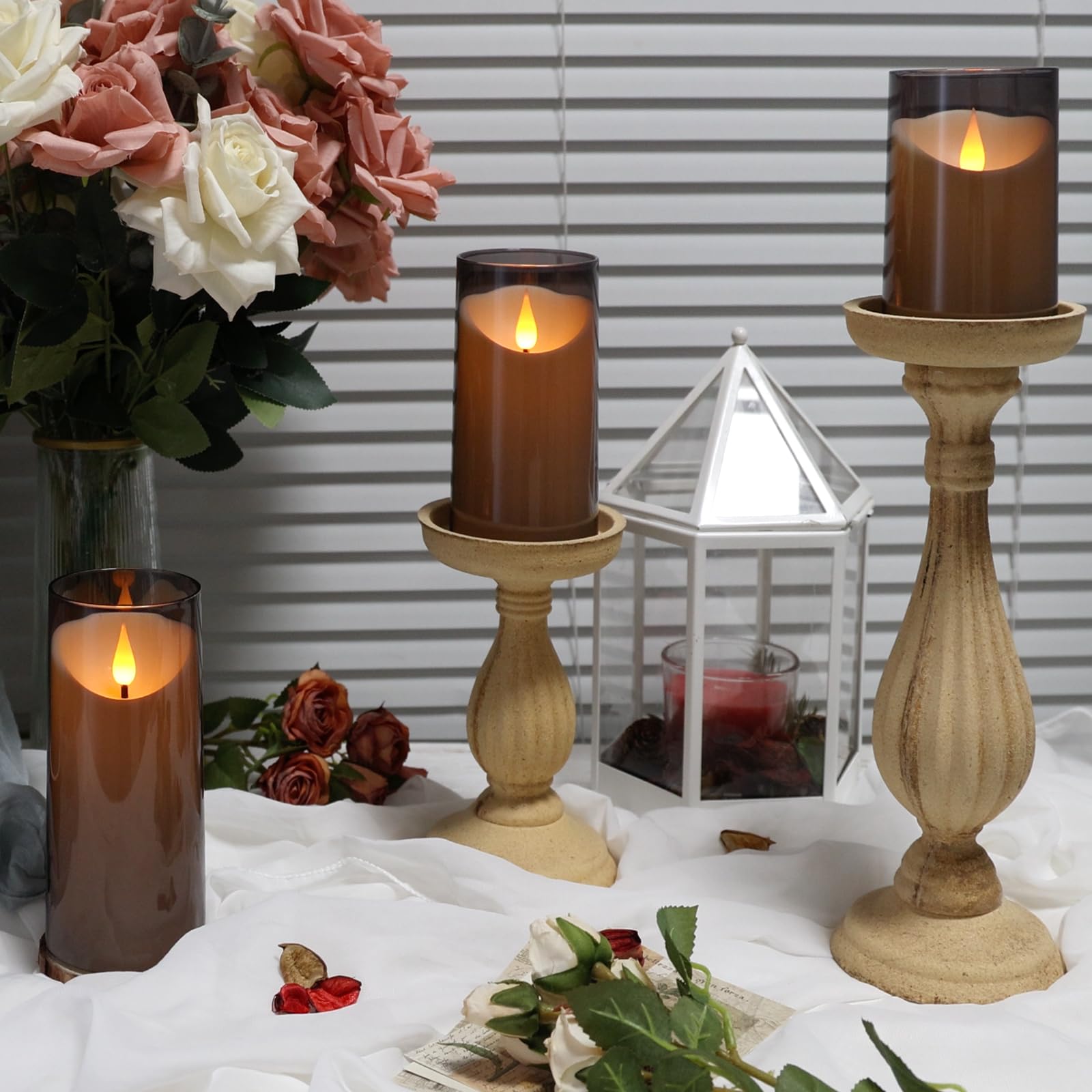 NURADA Flameless LED Candles with Remote & Timer - 3D Wick Battery Operated Unbreakable Acrylic Pillar Candles Set (3-Pack, Grey) for Home Decor, Wedding, Romantic Dinner & Holiday Ambiance Lighting