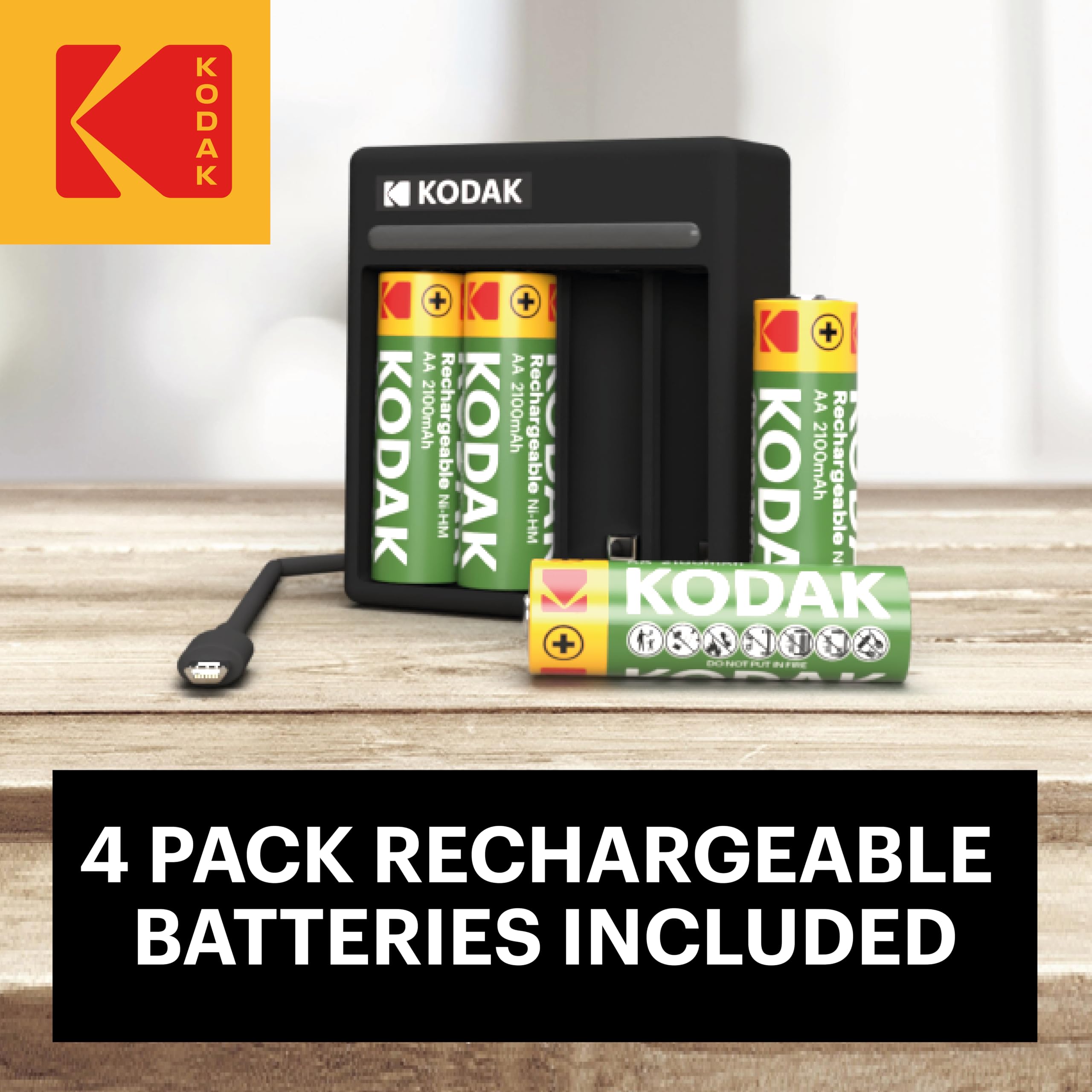 Kodak Rechargeable AA AAA Batteries with Charger - 4 Pack Double A Batteries Included - Perfect for Cameras, Toys, and Electronics
