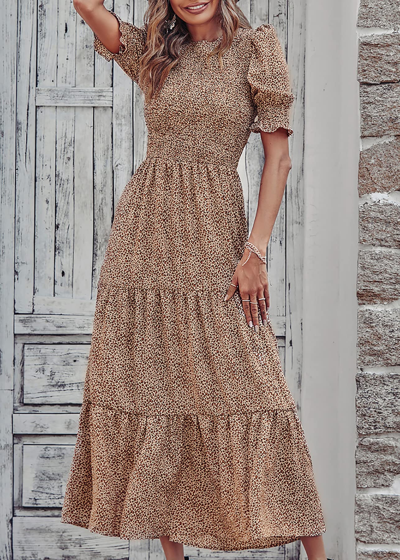 BTFBM Women's Floral Print Boho Maxi Dress - Short Sleeve Crew Neck Ruffle Summer Dress with Smocked Waist | Perfect for Beach Vacations, Music Festivals & Casual Outings