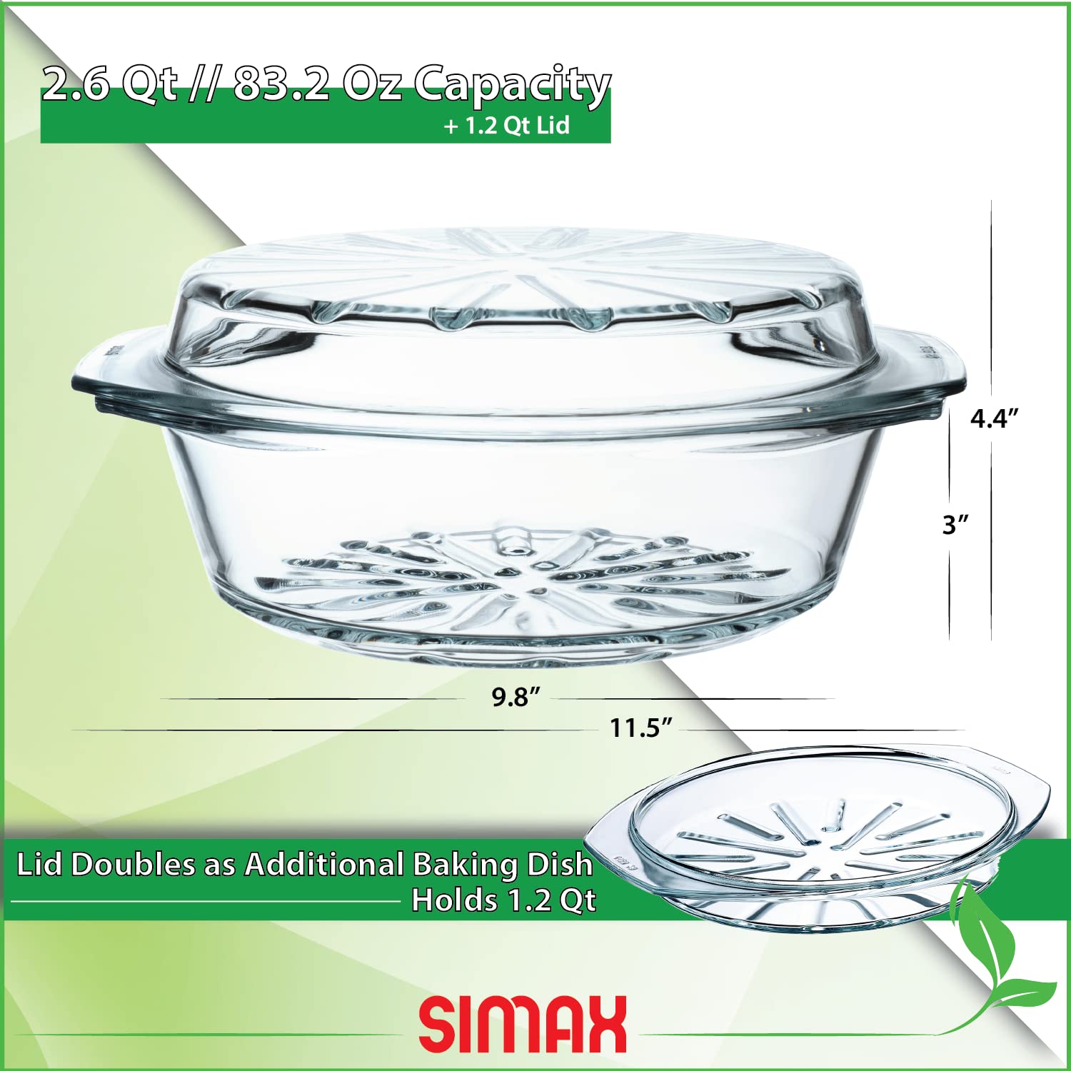 Simax 2.6 Qt Round Borosilicate Glass Casserole Dish with Lid - Oven, Microwave & Dishwasher Safe Baking Dish for Low Fat Cooking - Perfect for Casseroles, Lasagna, Roasting & Meal Prep