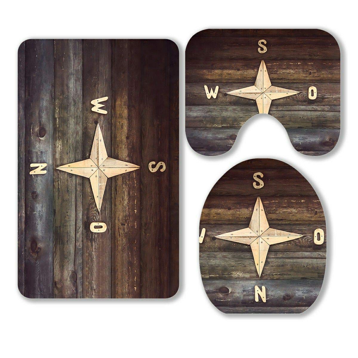 3-Piece Non-Slip Bathroom Rug Set with Wooden Compass Design - Contour Mat & Toilet Lid Cover | Water Absorbent & Quick-Dry Farmhouse Style Bath Mats | Vintage, Rustic, Modern Farmhouse Decor | Cozy & Safe Shower Accessories | Perfect for Daily Use, Guest Bathrooms, Spa Retreats & Country House Decor | Ideal for Small Bathrooms, Master Suites & Cozy Cottage Style Homes