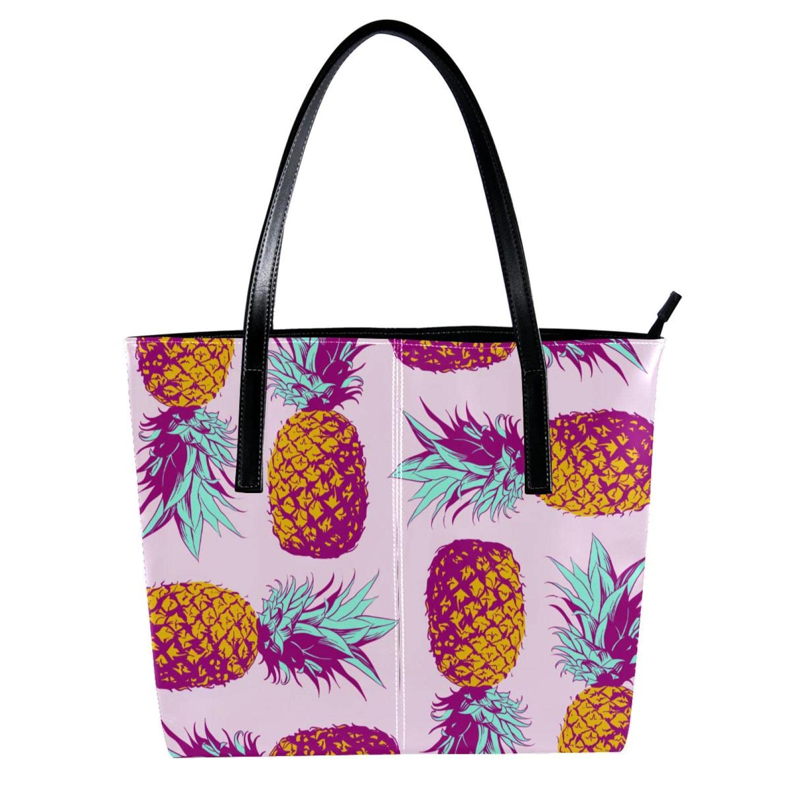 Stylish Women's Leather Tote Shoulder Bag - Large Capacity White Pineapple Print Handbag for Work, Travel & Everyday Use | Fashionable Office Bag & Weekend Carryall