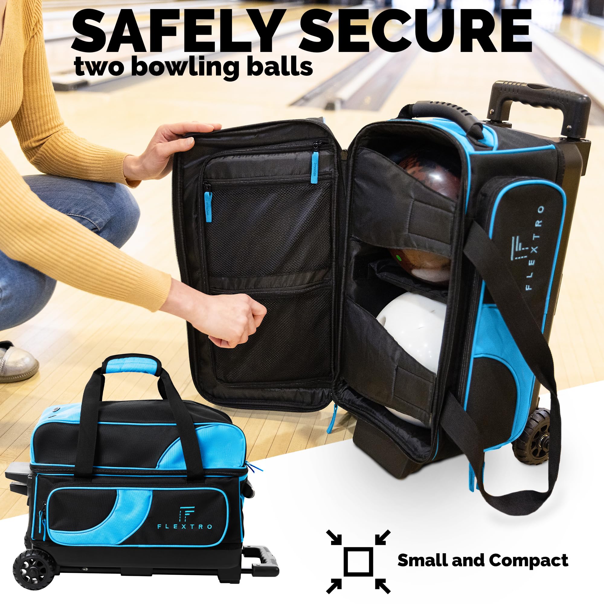 Flextro 2 Ball Bowling Bag with Wheels & Single Ball Bowling Bag Combo - Double Roller Trolley with Storage Compartments for Bowling Balls, Shoes & Accessories | Perfect for League Play & Tournament Travel