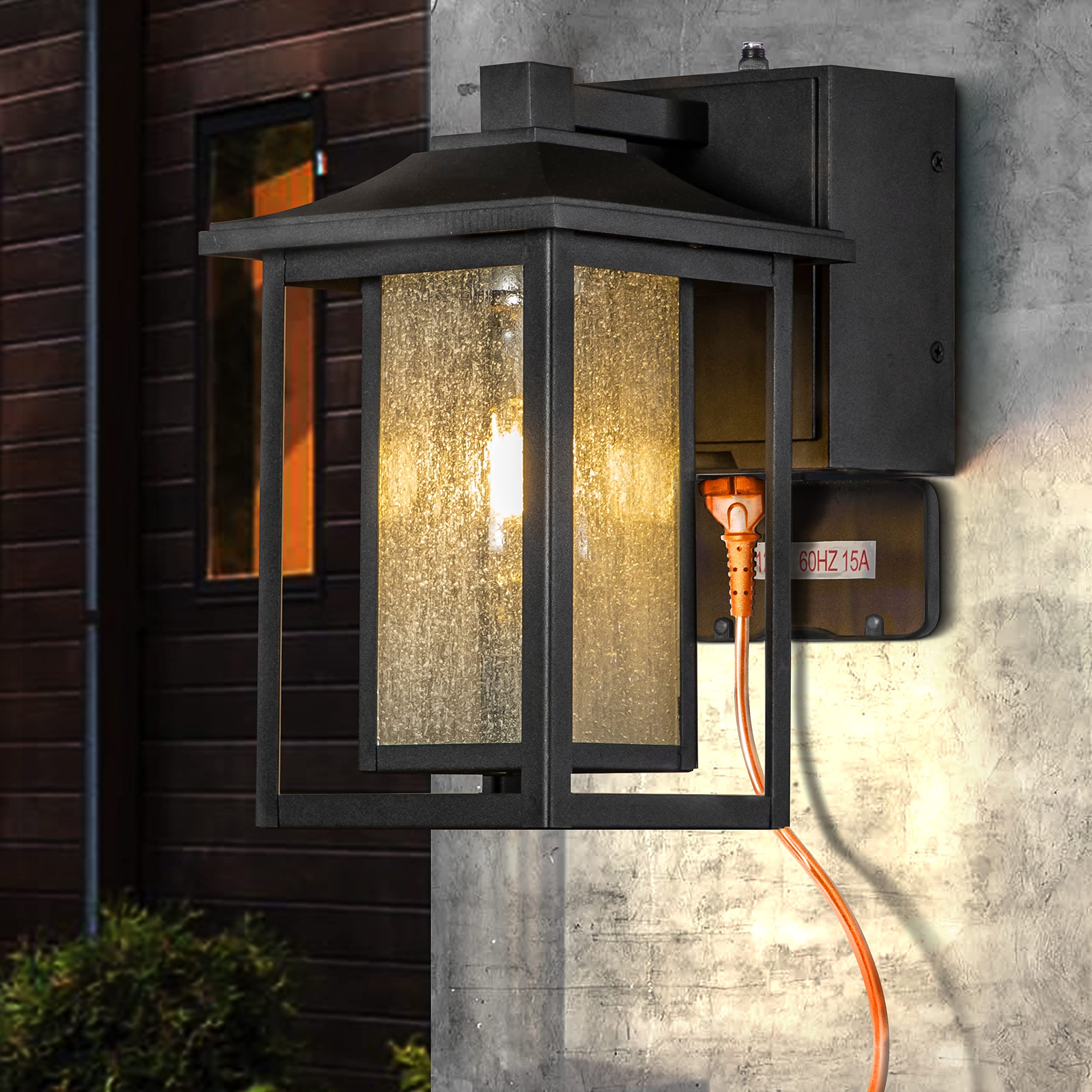 Black Outdoor Wall Light with Dusk to Dawn Sensor & Motion Detection - Seeded Glass Porch Light Fixture with GFCI Outlet - Perfect for Garage, Garden, Patio & Front Porch Security Lighting