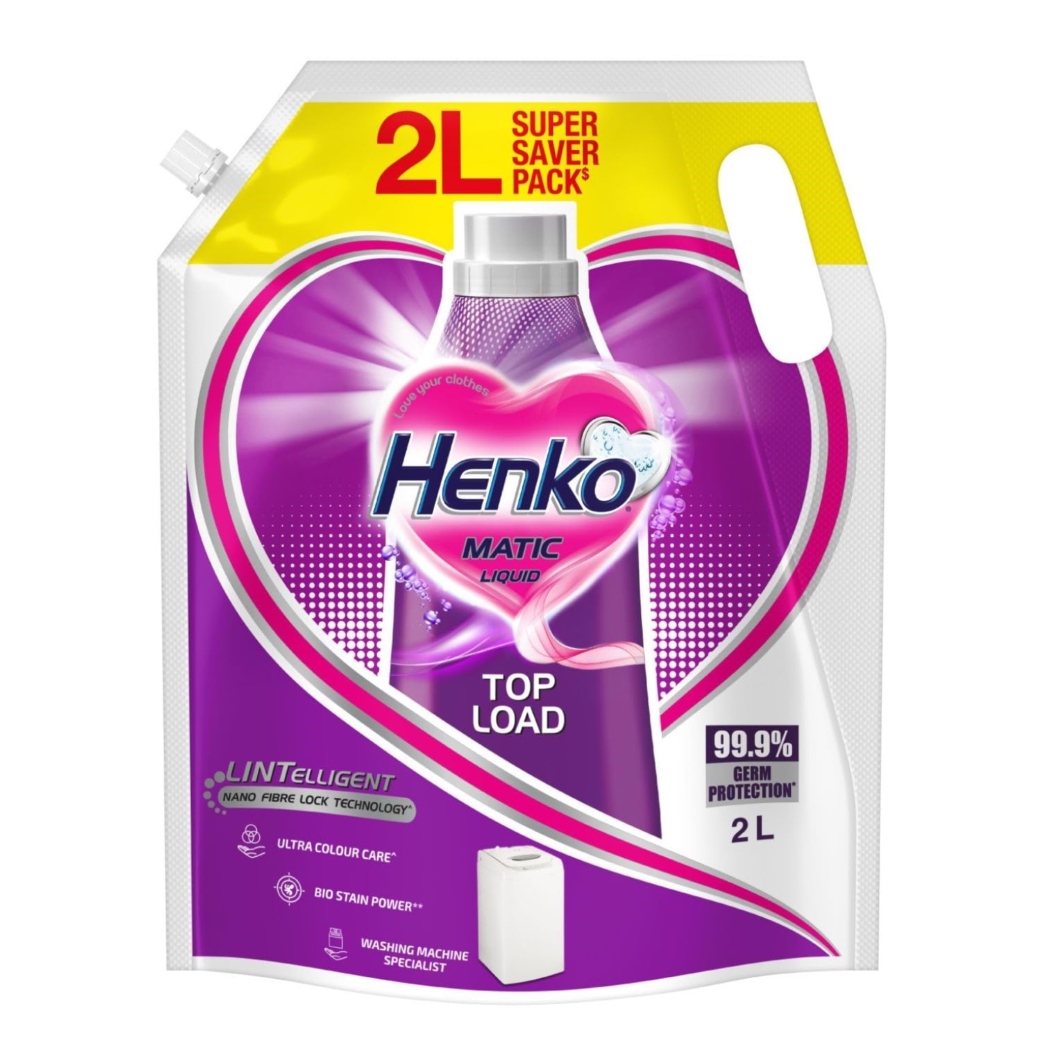 Henko Matic Top Load Liquid Laundry Detergent - 2L Refill Pouch with Nano Fiber Lock Technology | 99.9% Germ Protection | Bio Stain Remover | Color Safe Formula for Bright & New-Looking Clothes | Perfect for Families, Active Lifestyles & Colorful Wardrobes