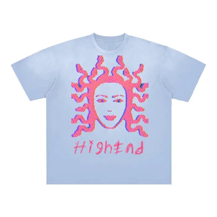 Premium Vintage Washed Medusa Print T-Shirt - Blue, Gray & Purple Gradient Faded Design with Distressed Frayed Hem (250 GSM) | Stylish Streetwear for Men & Women | Perfect for Concerts, Festivals and Casual Outings