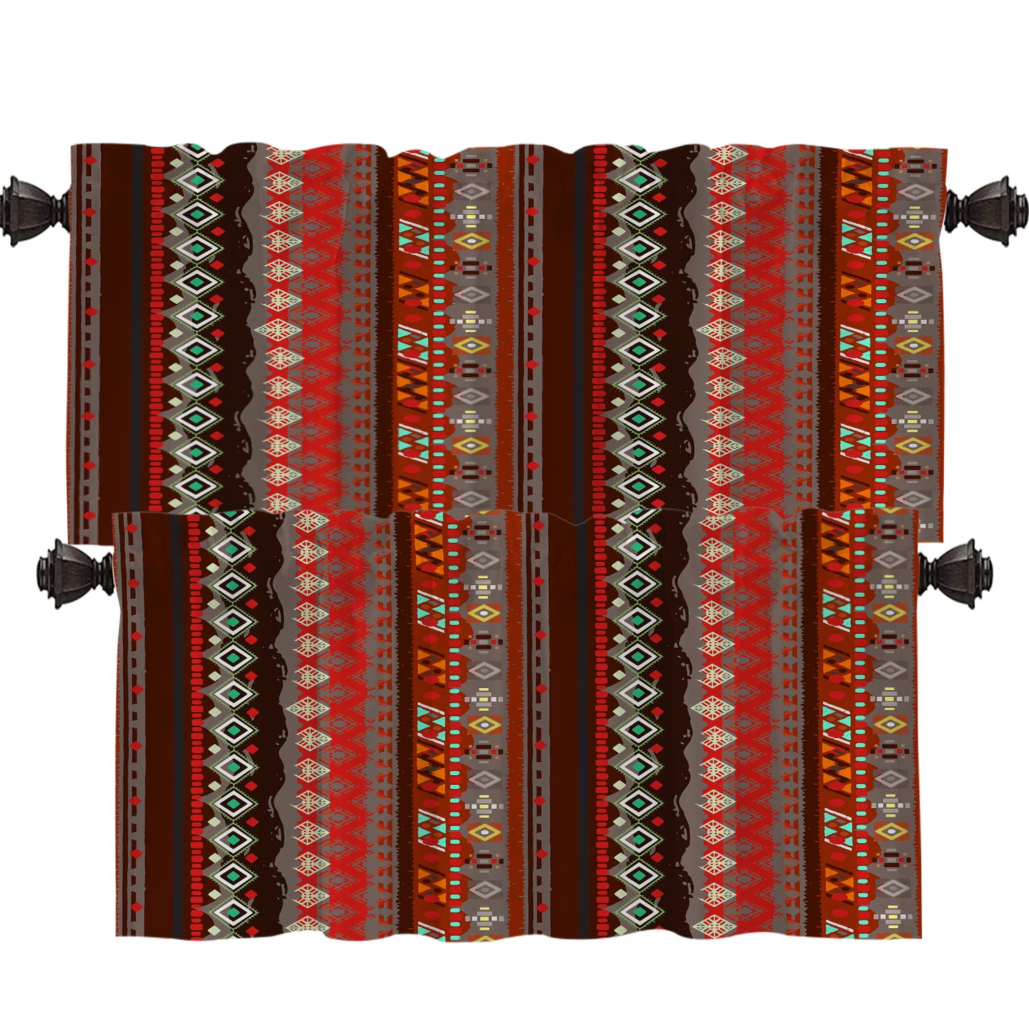 Boho Abstract Kitchen Valances Half Window Curtain - Mexican Red Stripes Geometric Pattern, Ink Printing Kitchen Valance for Window Decor (52x18 inches, 2-Piece Set) - Perfect for Farmhouse, Cottage & Boho Style Kitchen Windows