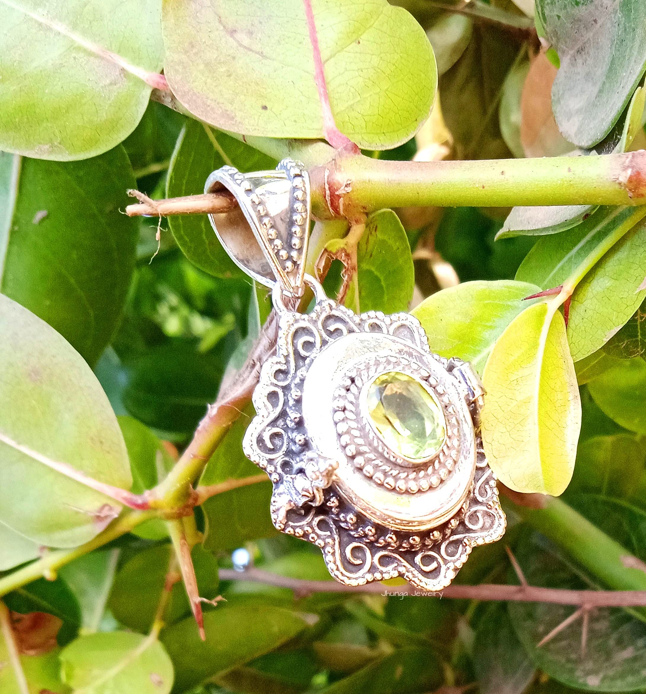Peridot Pendant Necklace - Sterling Silver Openable Locket Jewelry - Handmade Vintage Boho Style Prayer Pendant - Perfect for Spiritual Gifts, Meditation & Boho Fashion Accessories