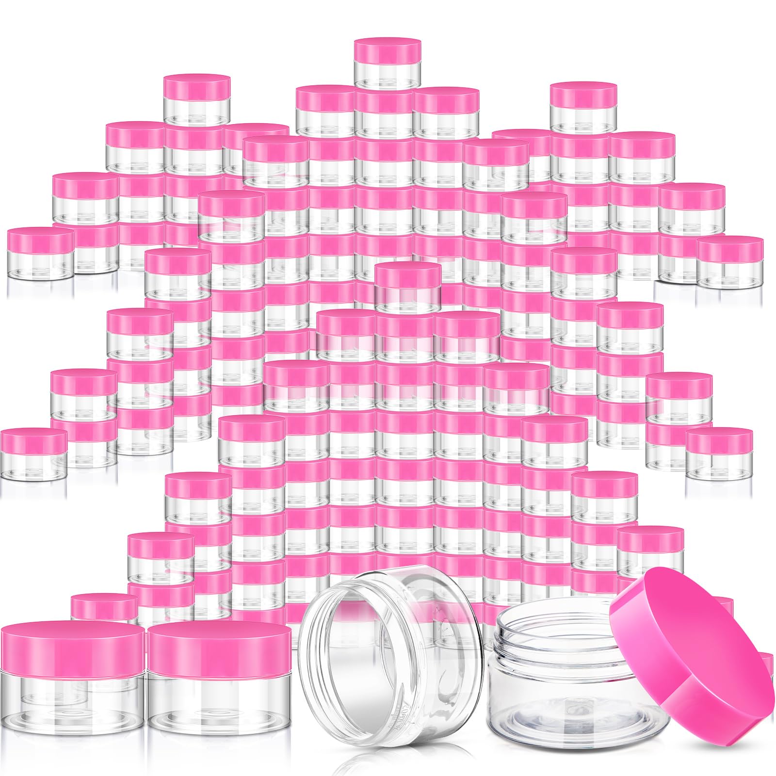 SATINIOR 100-Pack 1 oz Clear Plastic Jars with Pink Lids - Small Wide Mouth Containers for Lotion, Cream, Body Butter, Rhinestones & Travel Storage - Perfect for DIY Crafts, Beauty Products & Organizing Small Items