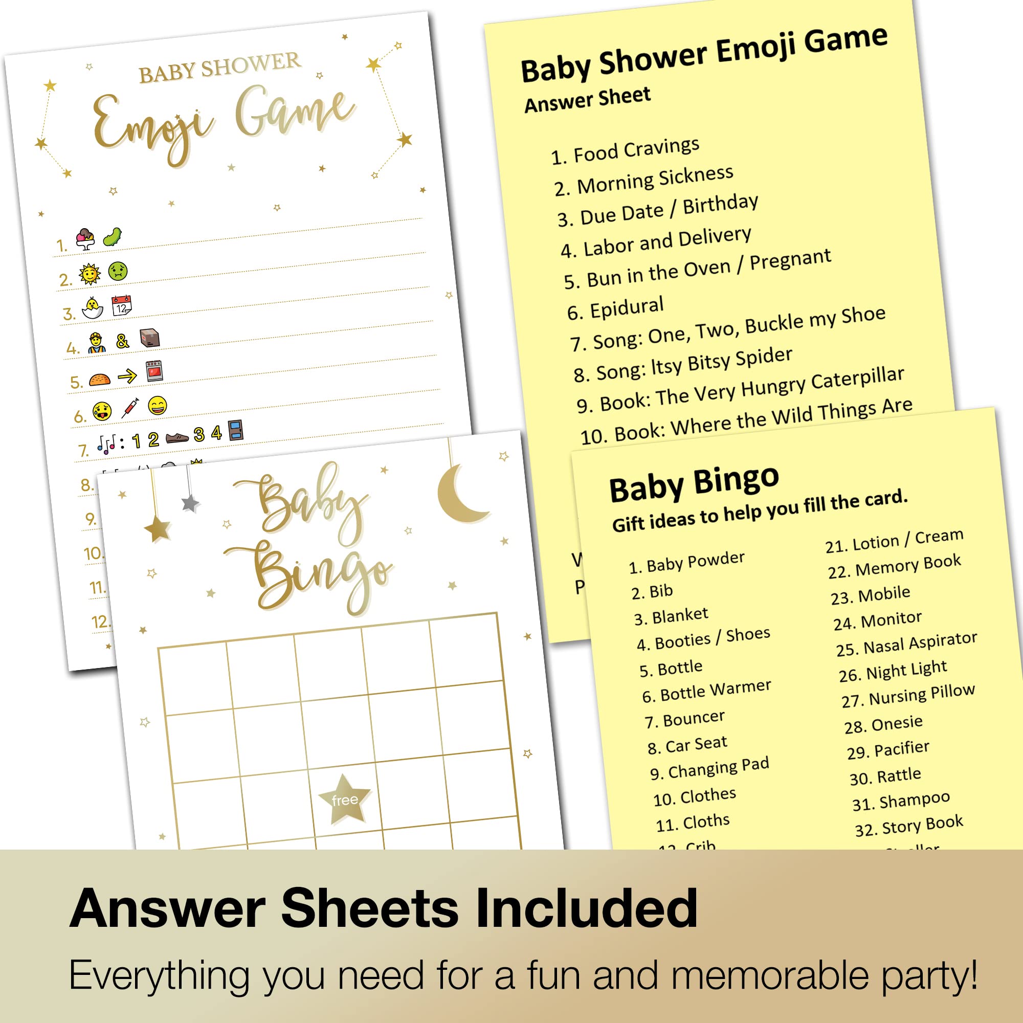 Baby Shower Games Set for Boys & Girls - 4 Fun Party Games for 30 Guests with Double-Sided Cards | Gender Neutral Gold Stars Theme | Perfect for Gender Reveal Parties & Coed Baby Showers