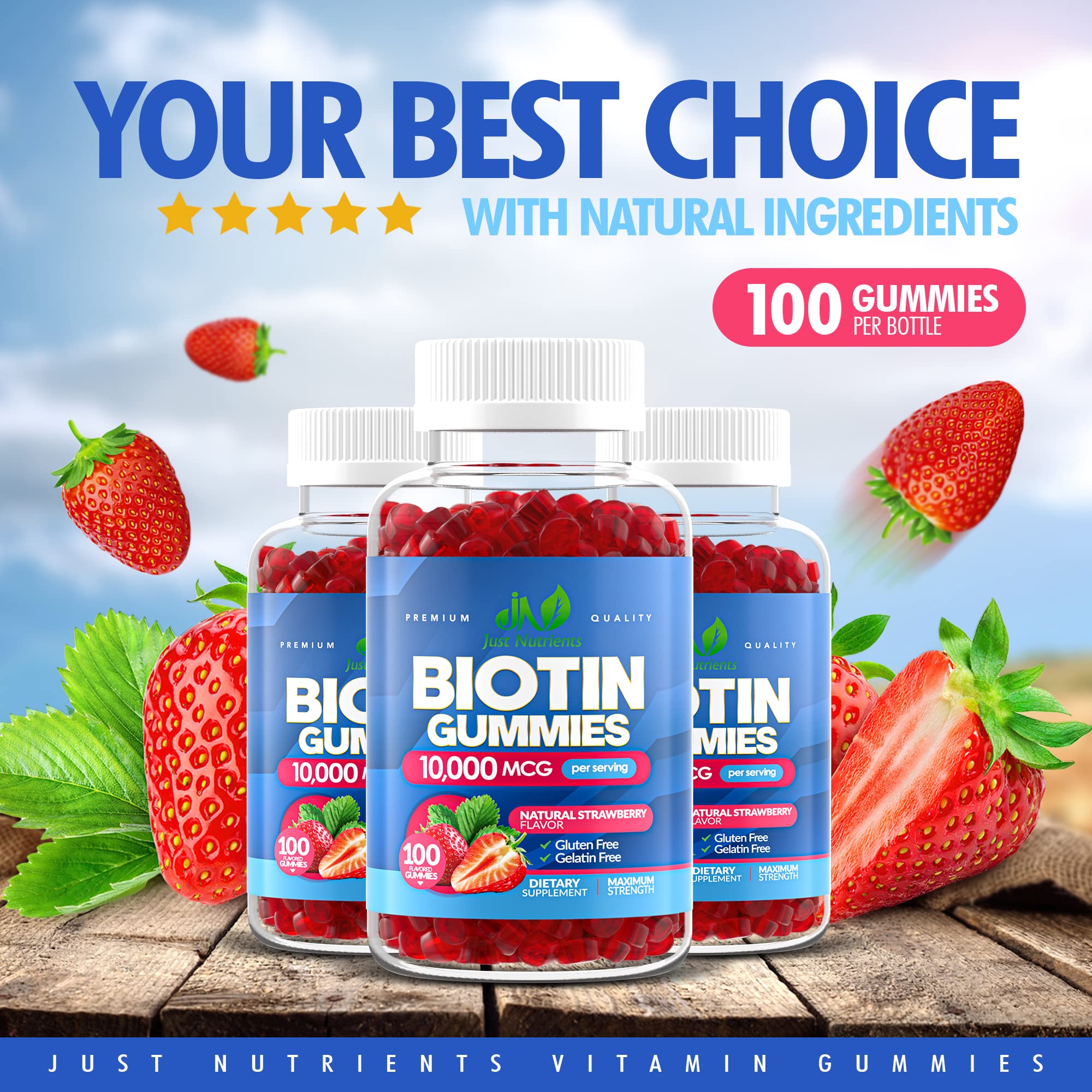 10,000mcg Biotin Gummies for Hair Growth, Skin & Nails (100 Count) - Maximum Strength Vegan Supplement for Women & Men - Gluten-Free, Non-GMO, Delicious Strawberry Flavor - Perfect for Daily Beauty Routine & Healthy Lifestyle