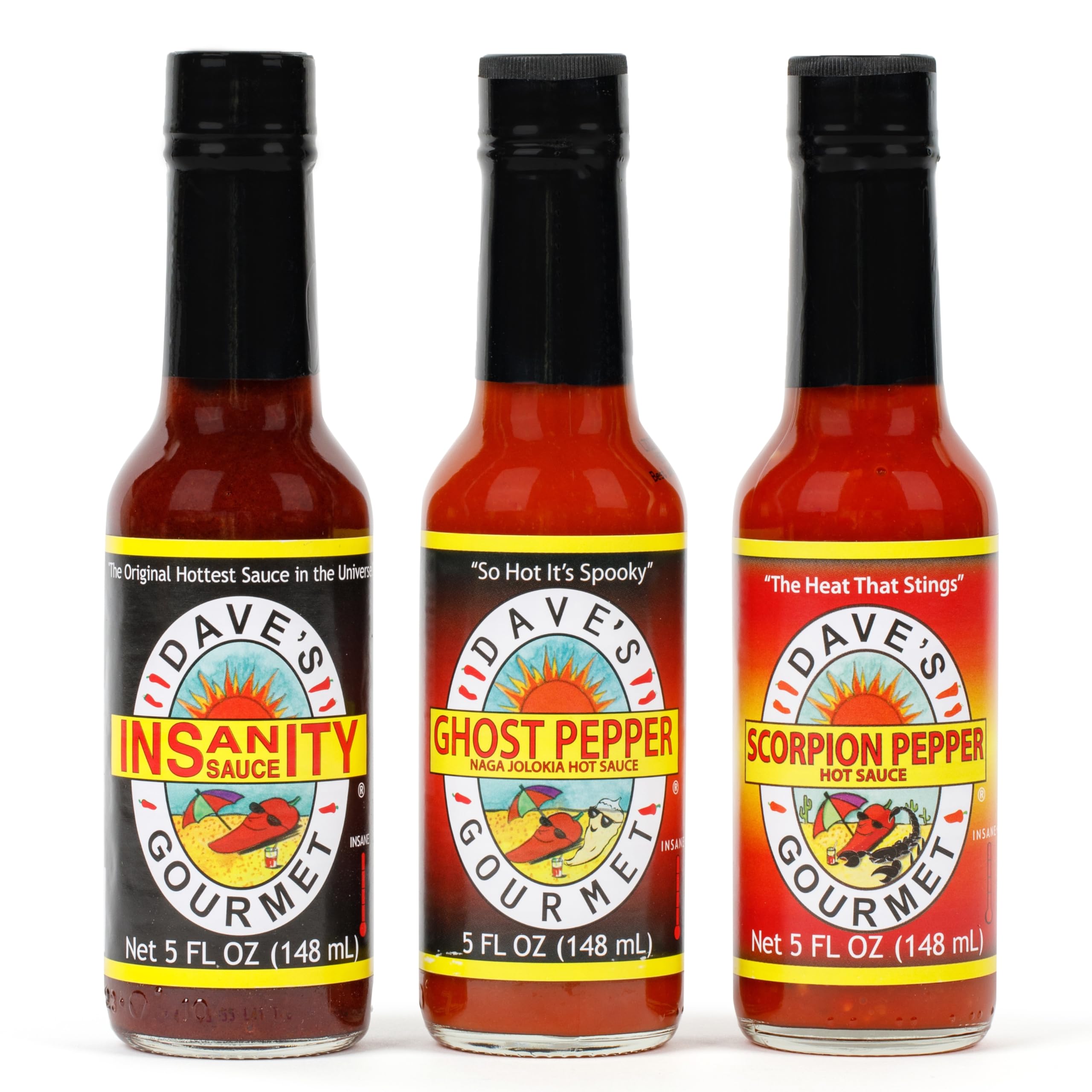 Super Spicy Hot Sauce 5oz 3-Pack (Insanity, Ghost Pepper + Scorpion Pepper) - Extreme Heat for Tacos, Wings & Chili - Gourmet Hot Sauce Gift Set for Spicy Food Lovers