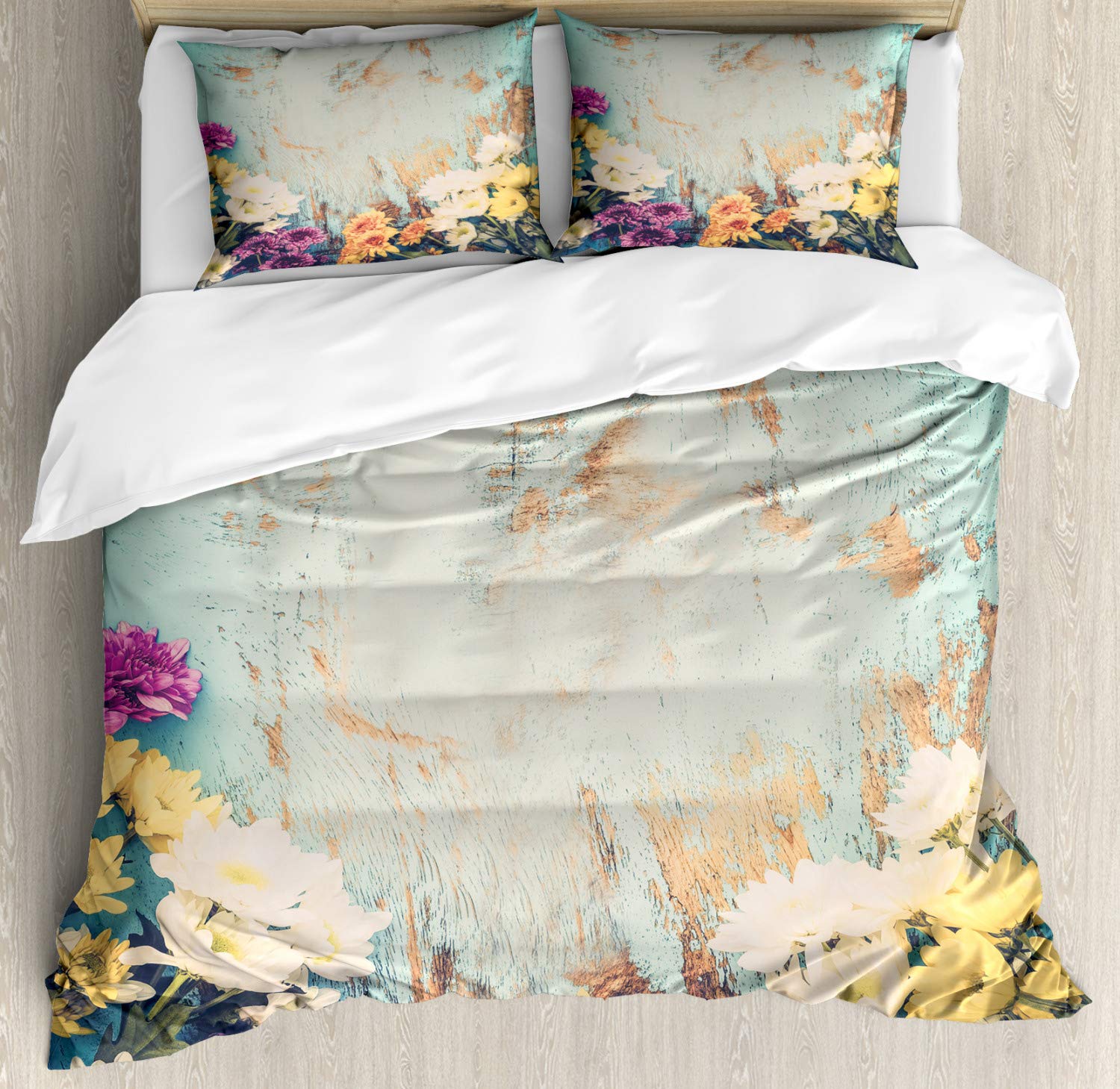 Ambesonne Vintage Floral Duvet Cover Set - King Size 3-Piece Bedding with Wooden Background Design, Seafoam & Multicolor - Perfect for Master Bedroom, Guest Room & Bohemian Home Decor