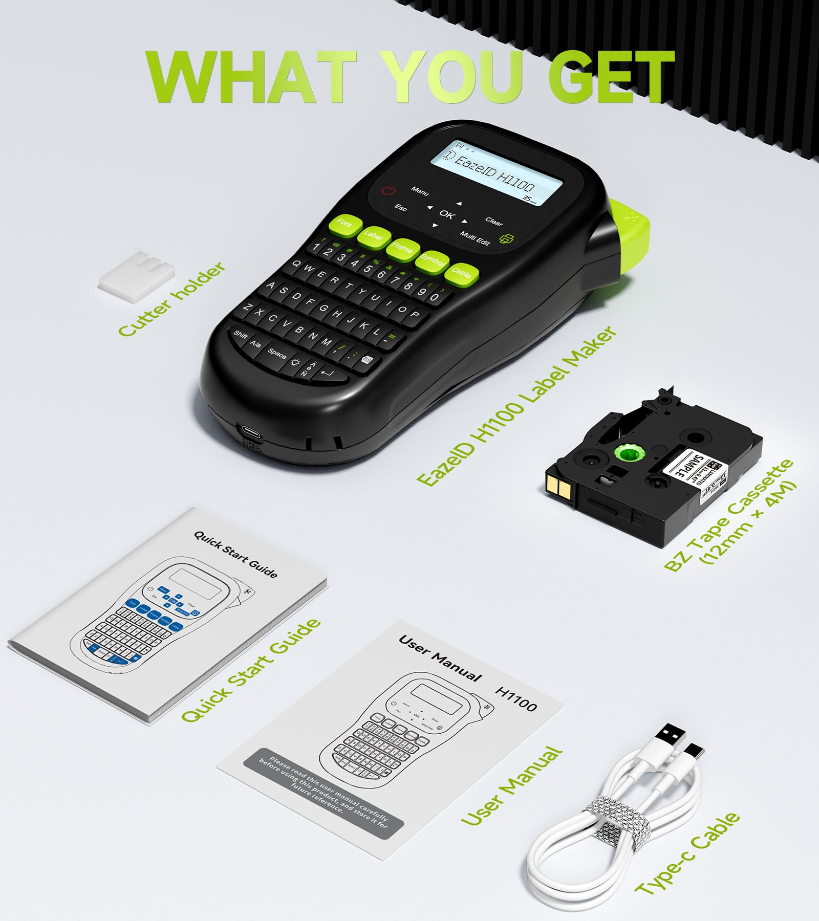 EazelD H1100 Industrial Label Maker - Portable Handheld Label Printer with Keyboard & Backlit LCD Screen for Cable, Wire, Office & Home Organization - Perfect for Electrical Panels, Network Cables & Storage Bins