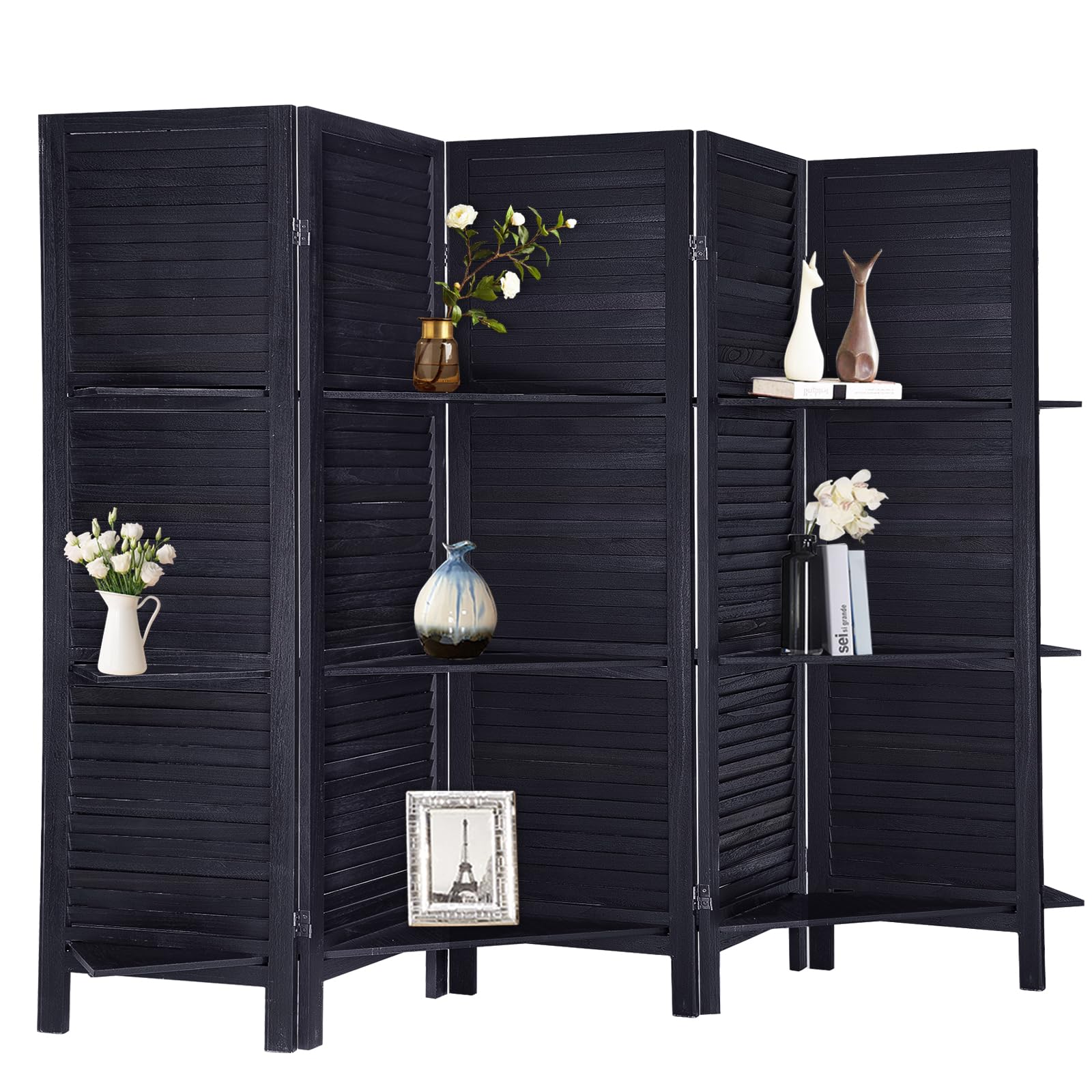 5.6 Ft Tall Wood Room Divider with Shelves - 5 Panel Folding Privacy Screen & Wall Partition for Home, Office, or Studio (Black) | Space Separator for Living Room, Bedroom, and Workspace