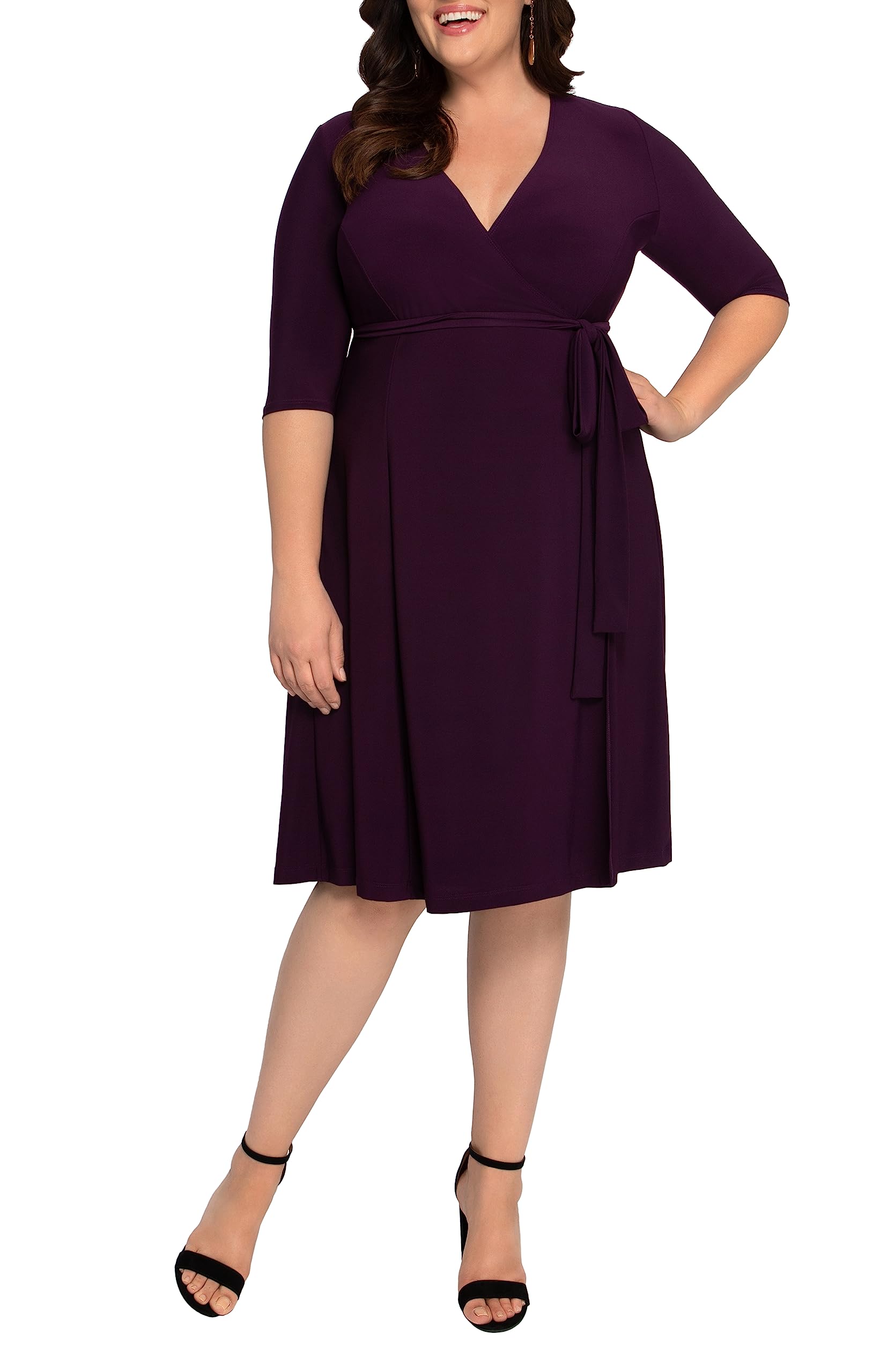 Kiyonna Plus Size Essential Midi Wrap Dress with Sleeves | Flattering Women's Formal & Casual Dress for Cocktail Party, Wedding Guest, Office Work & Special Occasions