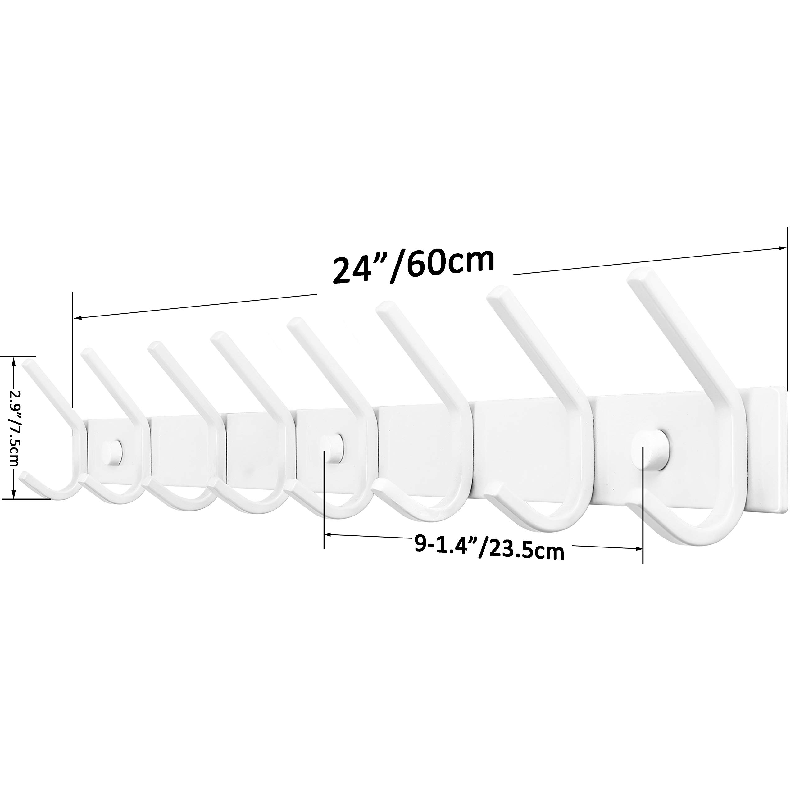 Wall Mounted Coat Rack with 8 Hooks - 24 Inch White Wall Coat Hanger for Jackets, Hats & Clothes | Space-Saving Entryway, Bedroom & Closet Organization Solution