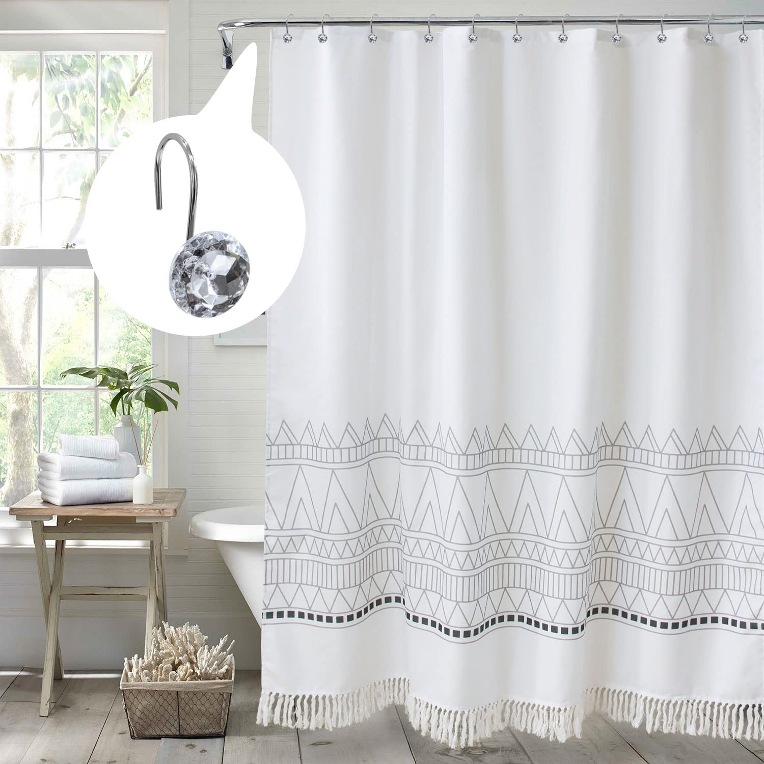 Rust-Proof Silver Shower Curtain Hooks & Rings - 12 Pack White Metal Shower Hooks for Bathroom Curtain Liners & Rods | Durable Bath Accessories for Home, Apartment & Hotel Use