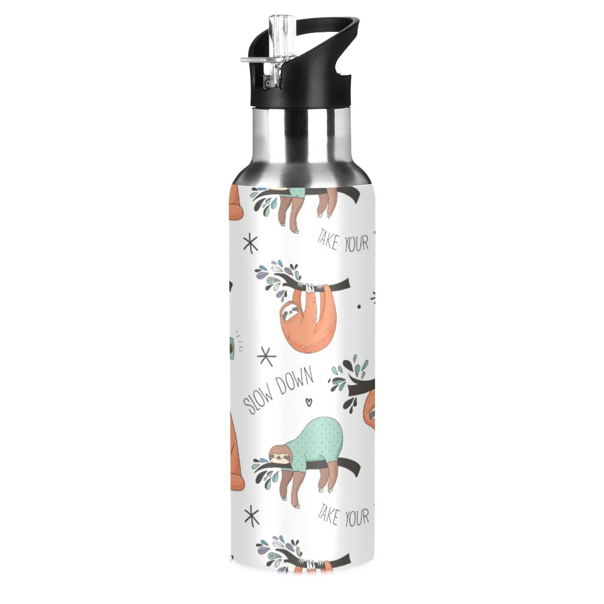 Qilmy 20 oz Stainless Steel Vacuum Insulated Water Bottle with Straw Lid - Leakproof Thermo Flask for Gym, Hiking & Outdoor Activities | Sloth Design Sport Bottle