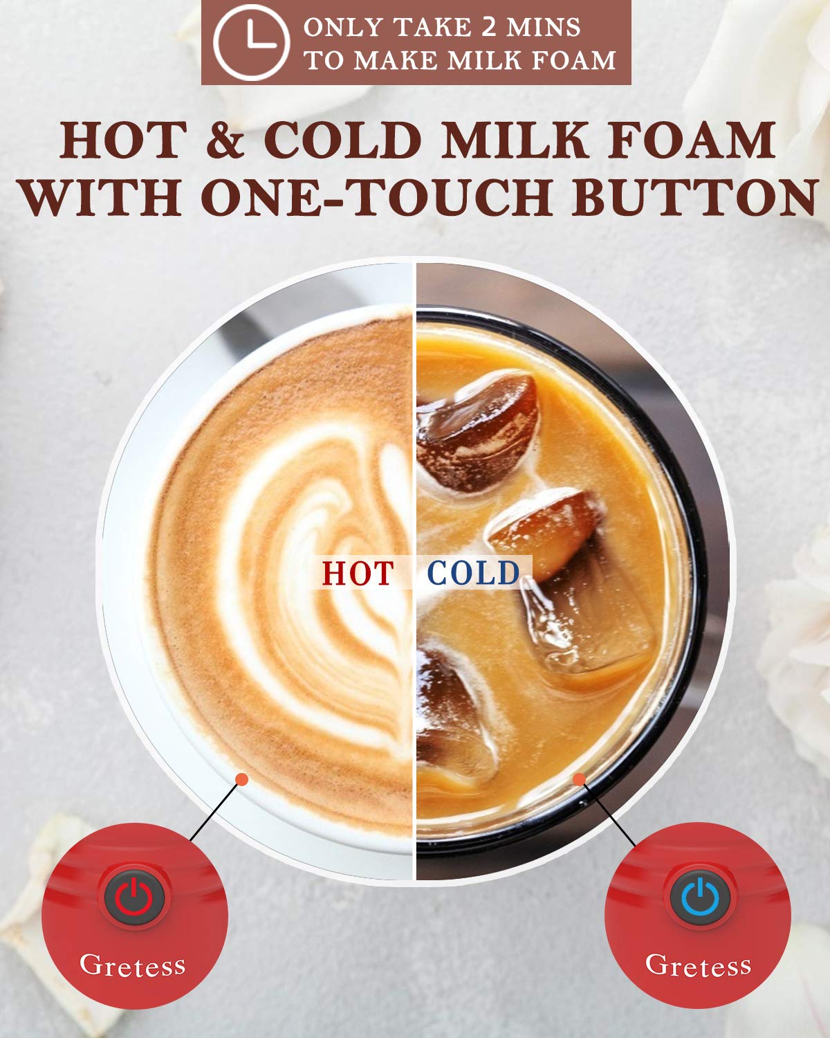 **Gretess 4-in-1 Electric Milk Frother & Steamer for Coffee & Latte - Hot & Cold Froth, Auto Shut-Off, 2 Whisks (Red, JC-A2R) - Perfect for Cappuccinos, Lattes, Hot Chocolate & Matcha Drinks**