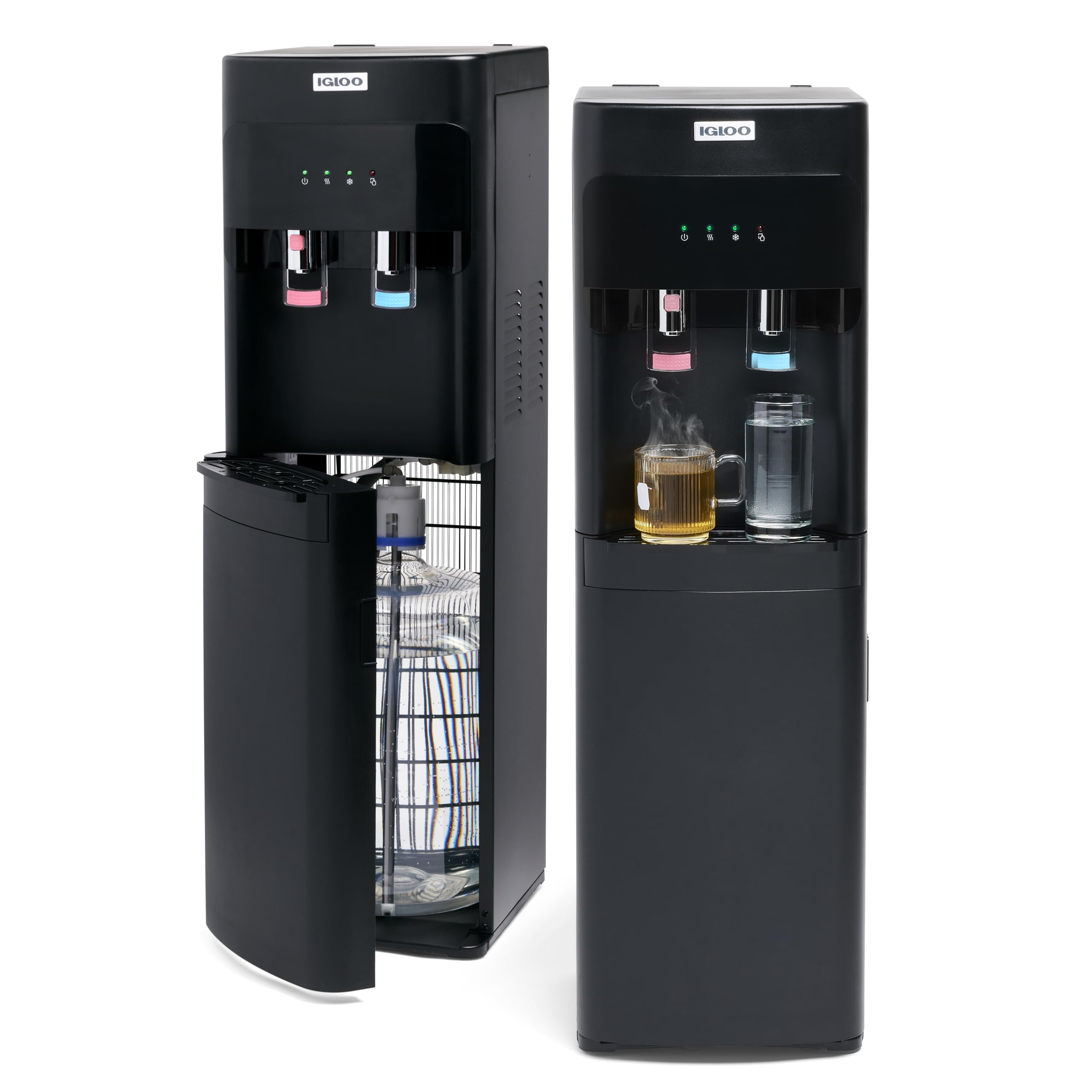 Igloo Hot and Cold Water Cooler Dispenser - 3/5 Gallon Bottle Capacity - Dual Temperature Spouts with Child Safety Lock - Bottom Loading Design (Black) - Perfect for Office, Home, and School Hydration