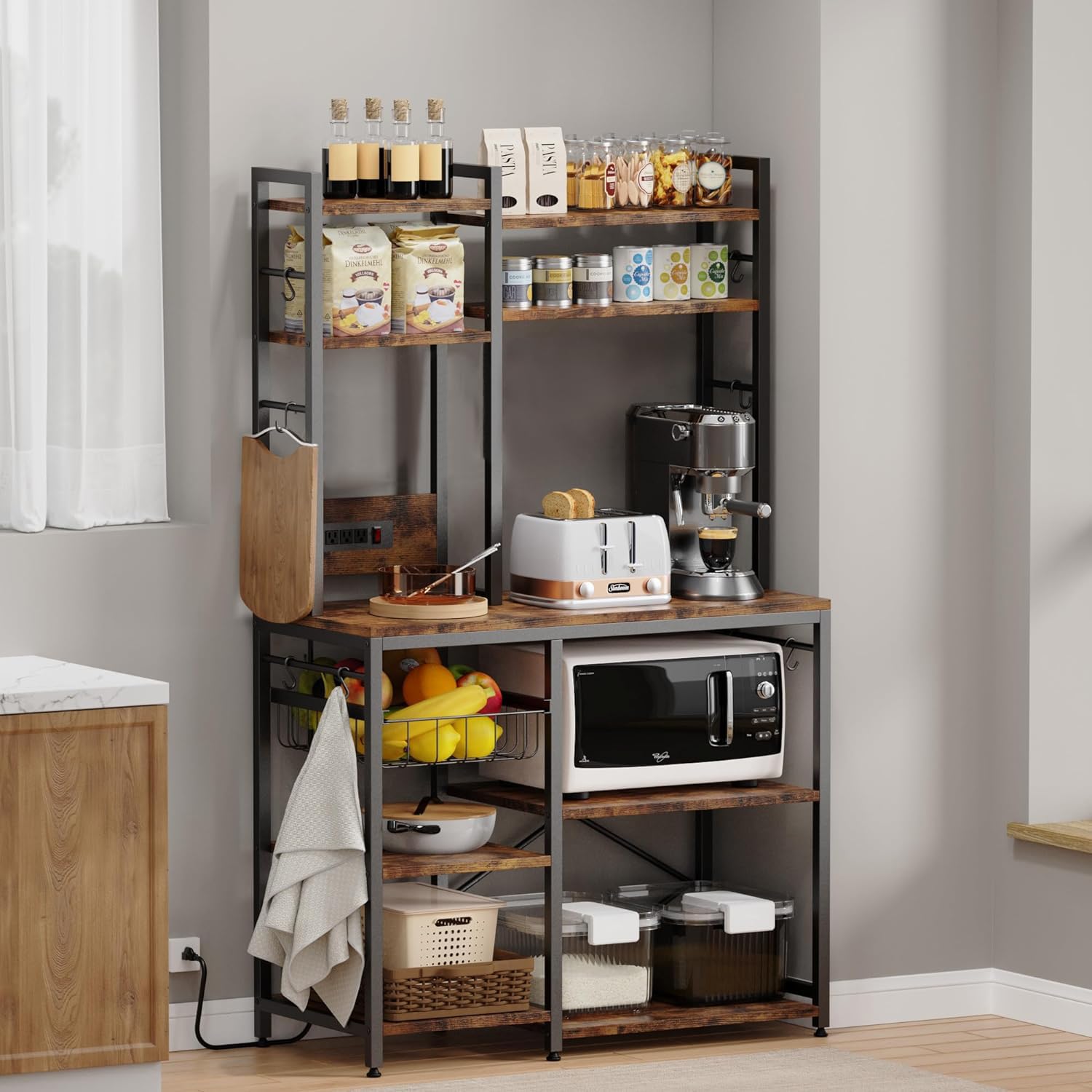Luckyeestar 6-Tier Kitchen Baker’s Rack with Power Outlet & Microwave Stand - Coffee Bar Station with 12 S-Hooks & Wire Basket - Rustic Brown Shelving Unit for Small Kitchen, Pantry Organization & Coffee Corner Setup