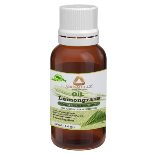 AROSMELLZ 100% Pure Lemongrass Essential Oil - Steam Distilled, Therapeutic Grade for Hair Growth, Skin Moisturizing & Aromatherapy | Natural Undiluted Oil for Face Care, Home Diffuser & Relaxation (50ml) - Perfect for Spa, Massage & Stress Relief
