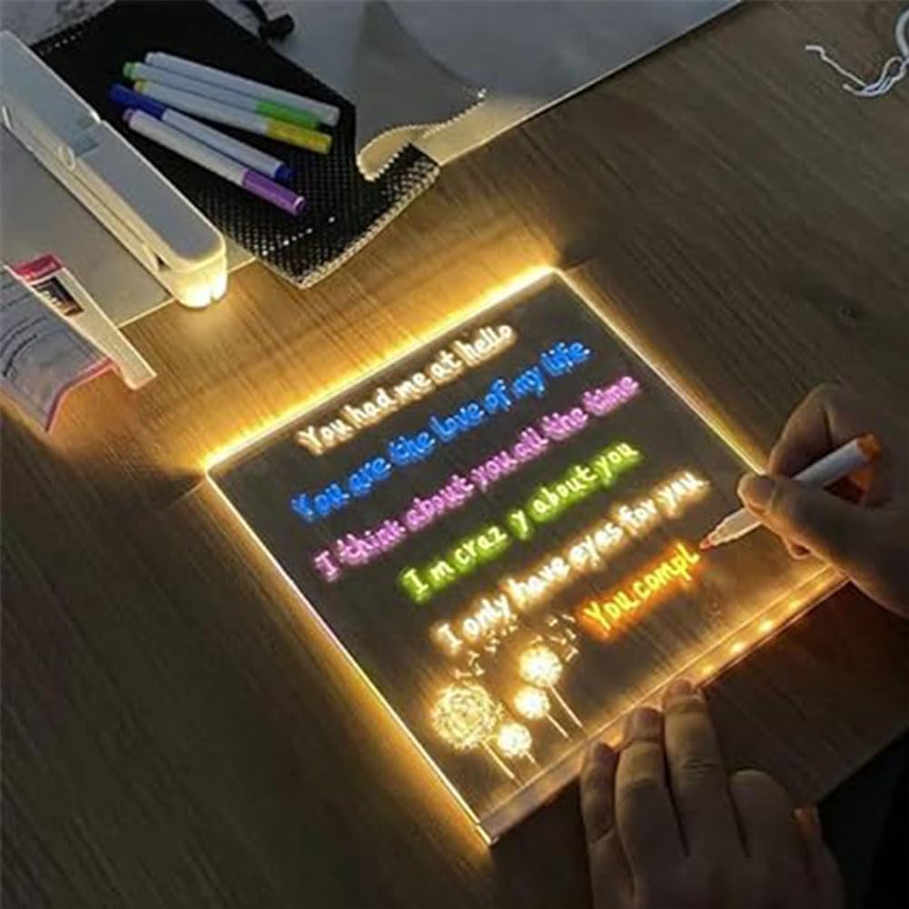 LED Acrylic Dry Erase Message Board with Color Changing Lights - 11.81 x 7.87 Inch Rewritable Note Board for Home, Office & Classroom Organization