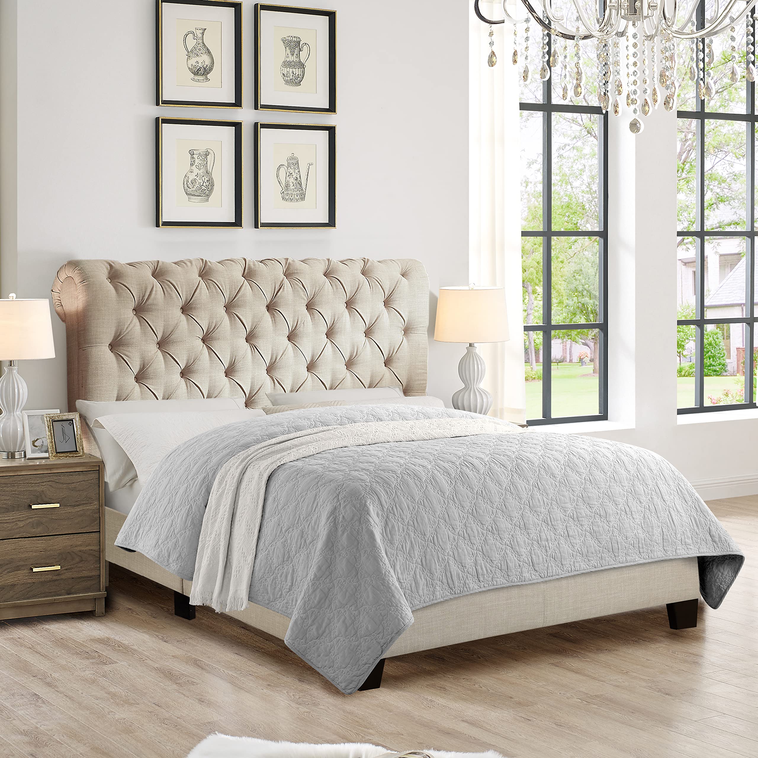Rosevera King Beige Upholstered Bed Frame with Luxurious Headboard - Elegant Platform Bed Design for Master Bedroom, Guest Room & Dorm | Perfect for Modern, Contemporary & Farmhouse Home Decor