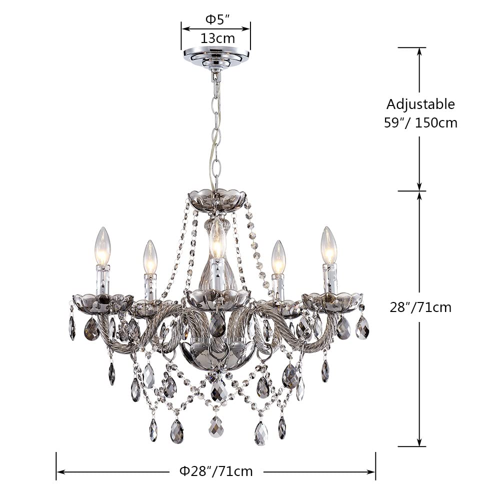 Saint Mossi 5-Light Modern K9 Crystal Chandelier - Adjustable Chain Contemporary Pendant Ceiling Light Fixture for Dining Room, Bedroom, Living Room - Smoky Gray | Elegant Lighting for Home Decor & Special Occasions
