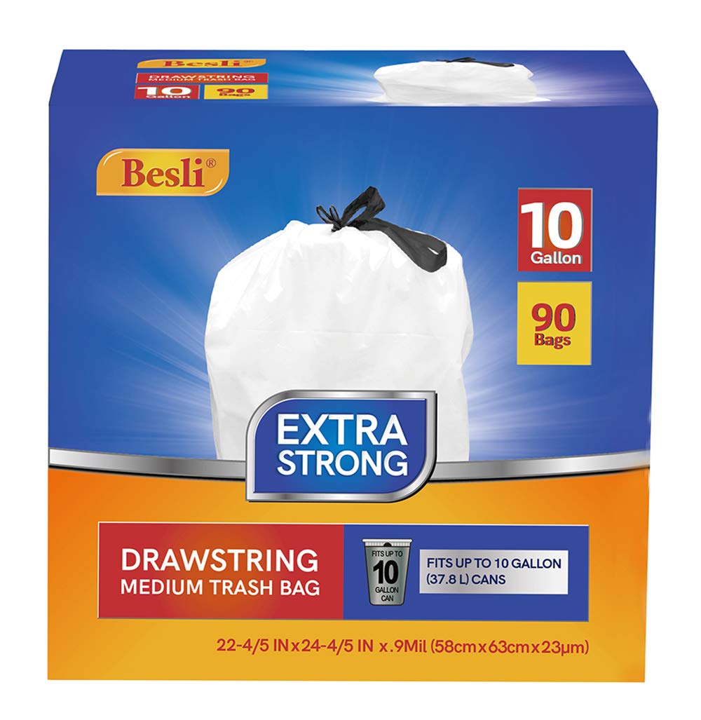 Besli 10 Gallon Drawstring Trash Bags - 0.9 Mil Thick, 90 Count - Heavy Duty Garbage Can Liners for Kitchen, Bathroom & Office Waste Disposal