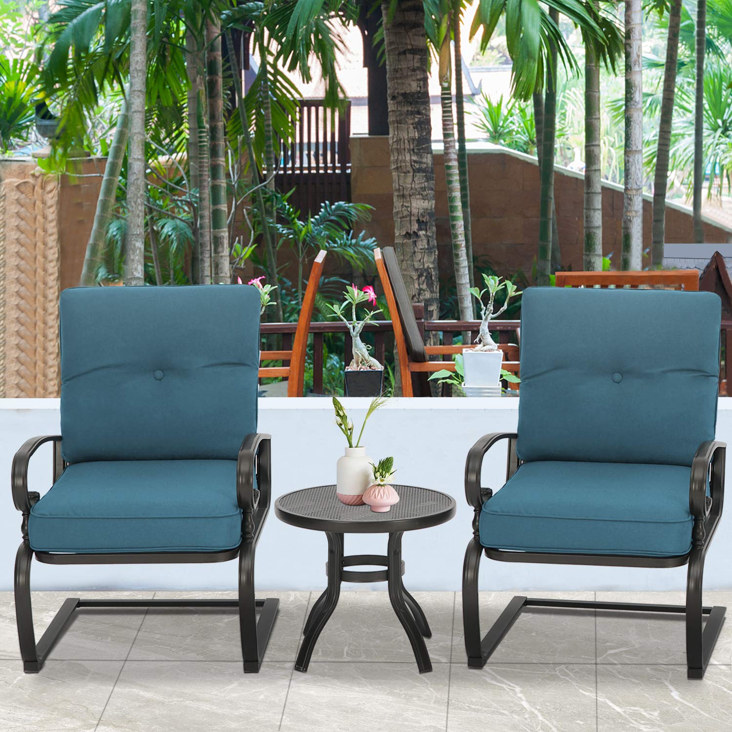 3-Piece Outdoor Bistro Set - Spring Metal Lounge Chairs & Round Table - Wrought Iron Patio Furniture in Blue - Perfect for Garden, Balcony or Poolside Relaxation