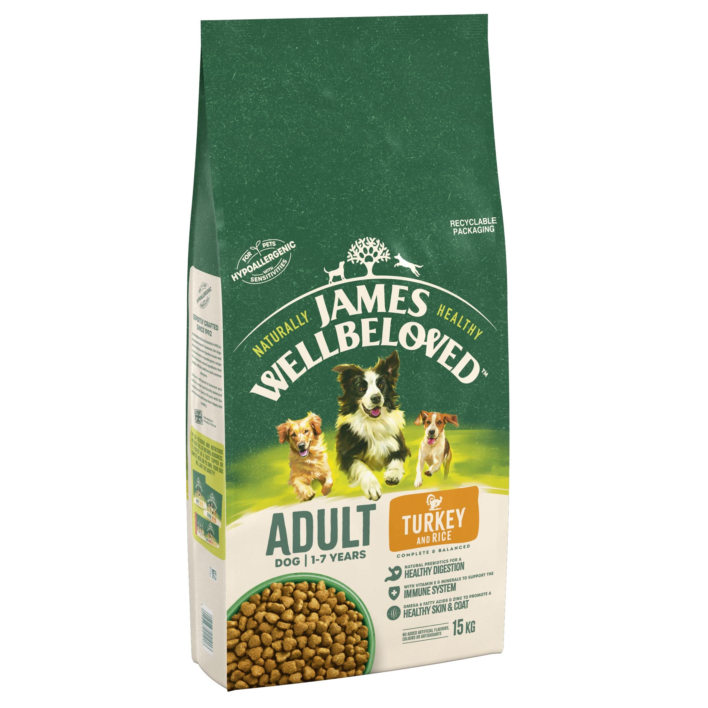 James Wellbeloved Hypoallergenic Adult Dry Dog Food - 15kg Turkey & Rice Formula for Sensitive Stomachs - Grain Free Bulk Dog Food Pack for Large Breed Dogs - Perfect for Daily Feeding & Allergy Relief