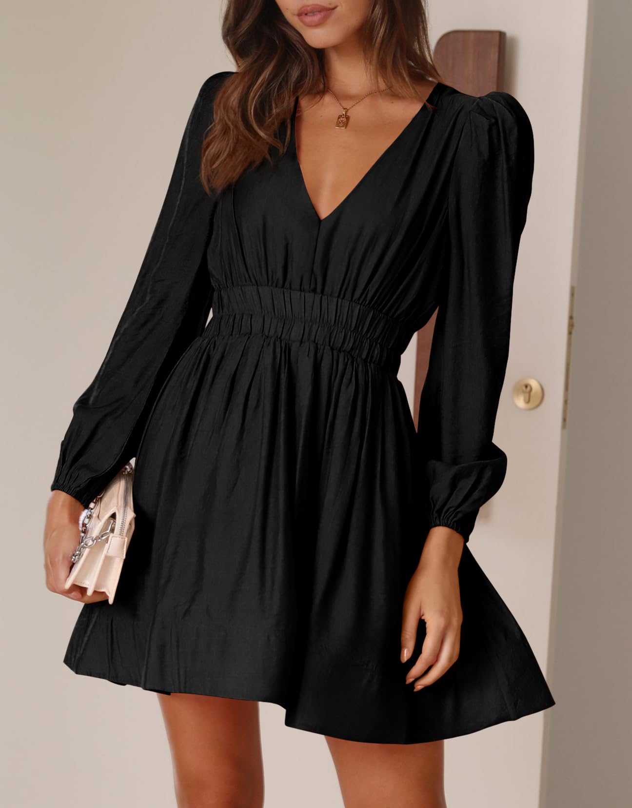 BWQ Women's Mini Dress - Long Sleeve Deep V Neck Sexy A-Line Elastic High Waist Flowy Dress for Party, Date Night & Special Occasions