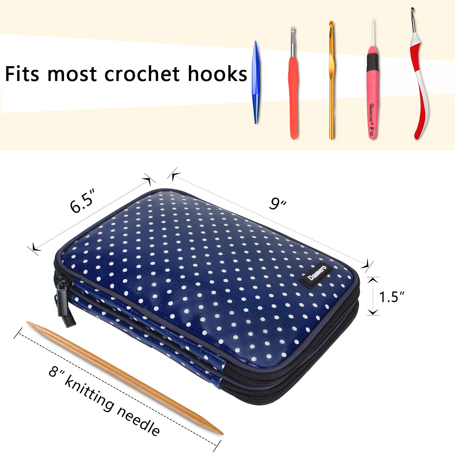 **Damero Crochet Hook Case – Large Travel Storage Bag for Swing & Lighted Crochet Hooks, Needles (Up to 8'') & Accessories – Blue Dots Design | Perfect for Crafters, Travel & Organizing Crochet Supplies**